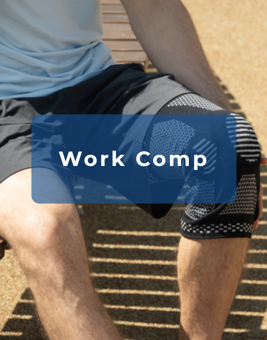 Close-up of a person wearing athletic shorts and a light blue shirt, sitting on a bench outdoors on a sunny day, with the words 'Work Camp' overlayed.