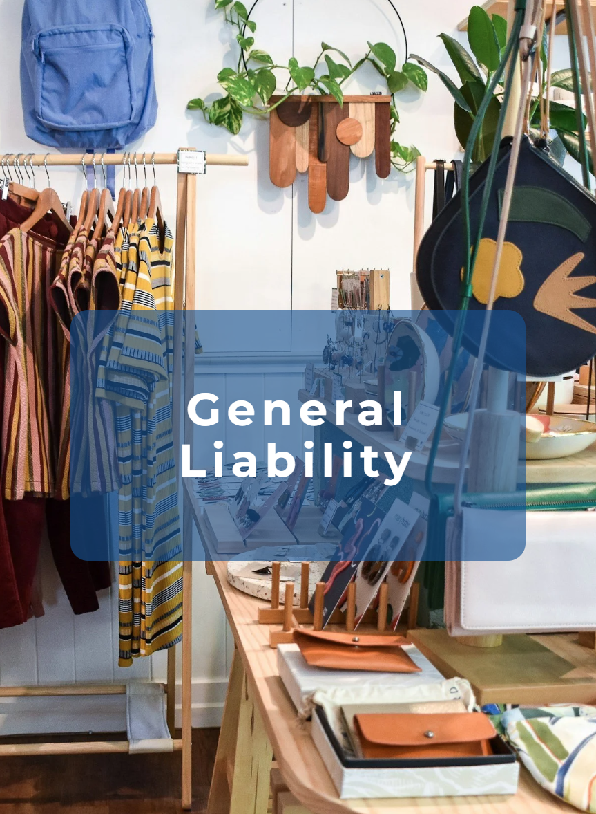 Interior of a retail store with clothing on racks, decorative wall art, shelves with accessories, and hanging plants, labeled 'General Liability'.