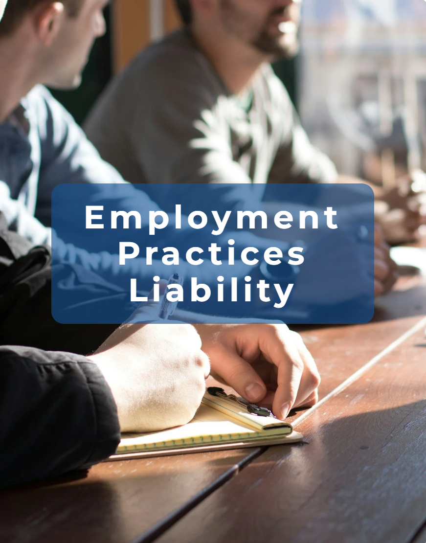 Close-up of a person writing in a notebook on a wooden table with people in conversation in the background, overlaid with text reading 'Employment Practices Liability'.
