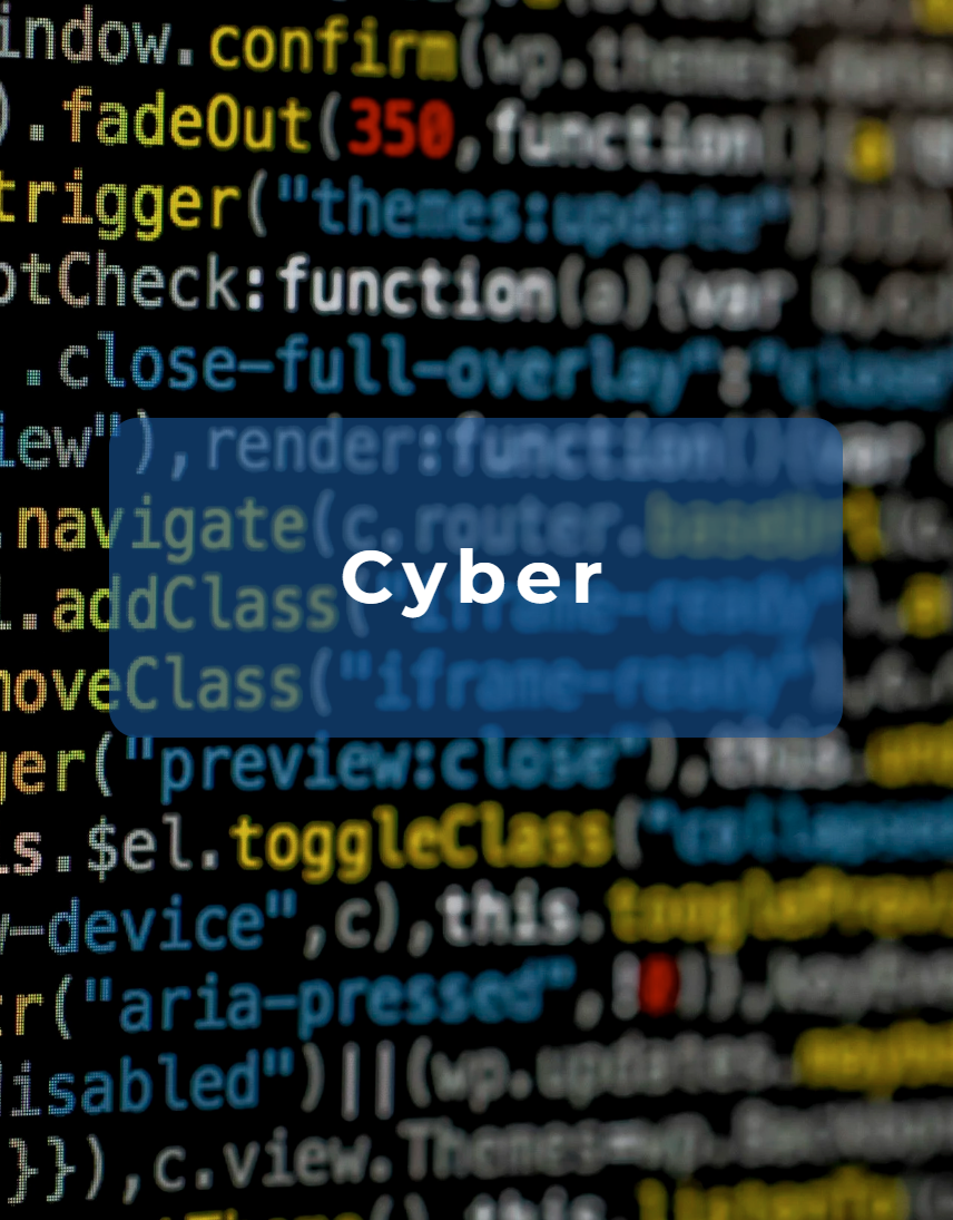 Close-up of computer code with a blue overlay displaying the word 'Cyber'.