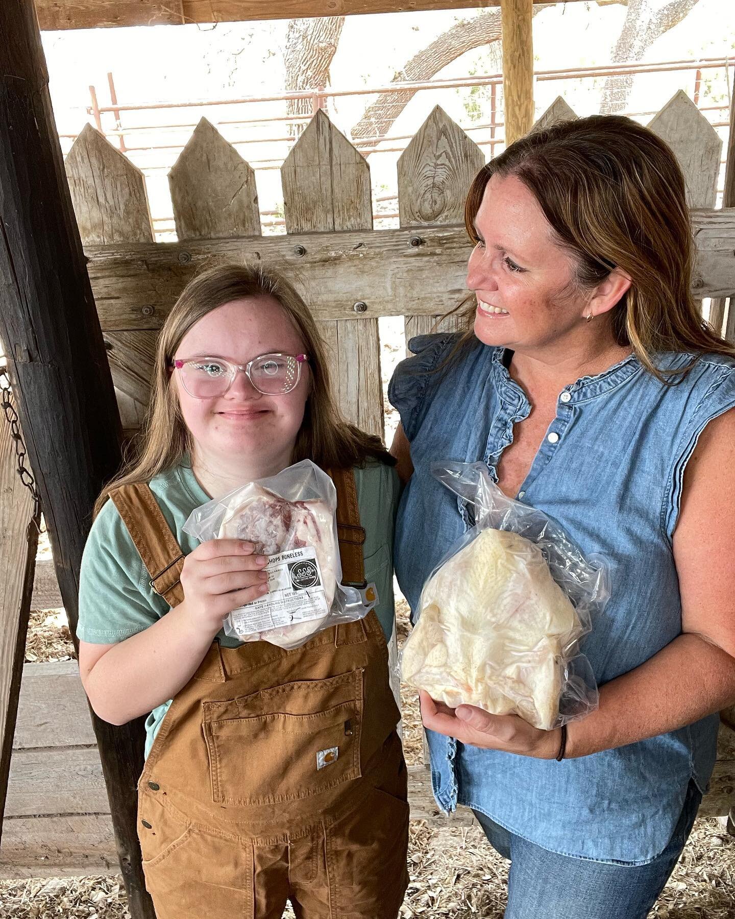 Here we are&mdash;2 girls in the barn getting ready for a big weekend of deliveries and a new farmers market. In this 100+ degrees temps, we cool off by holding frozen chicken and pork. 
1. Delivery on Saturday&mdash;order online. JC, Marble Falls, A