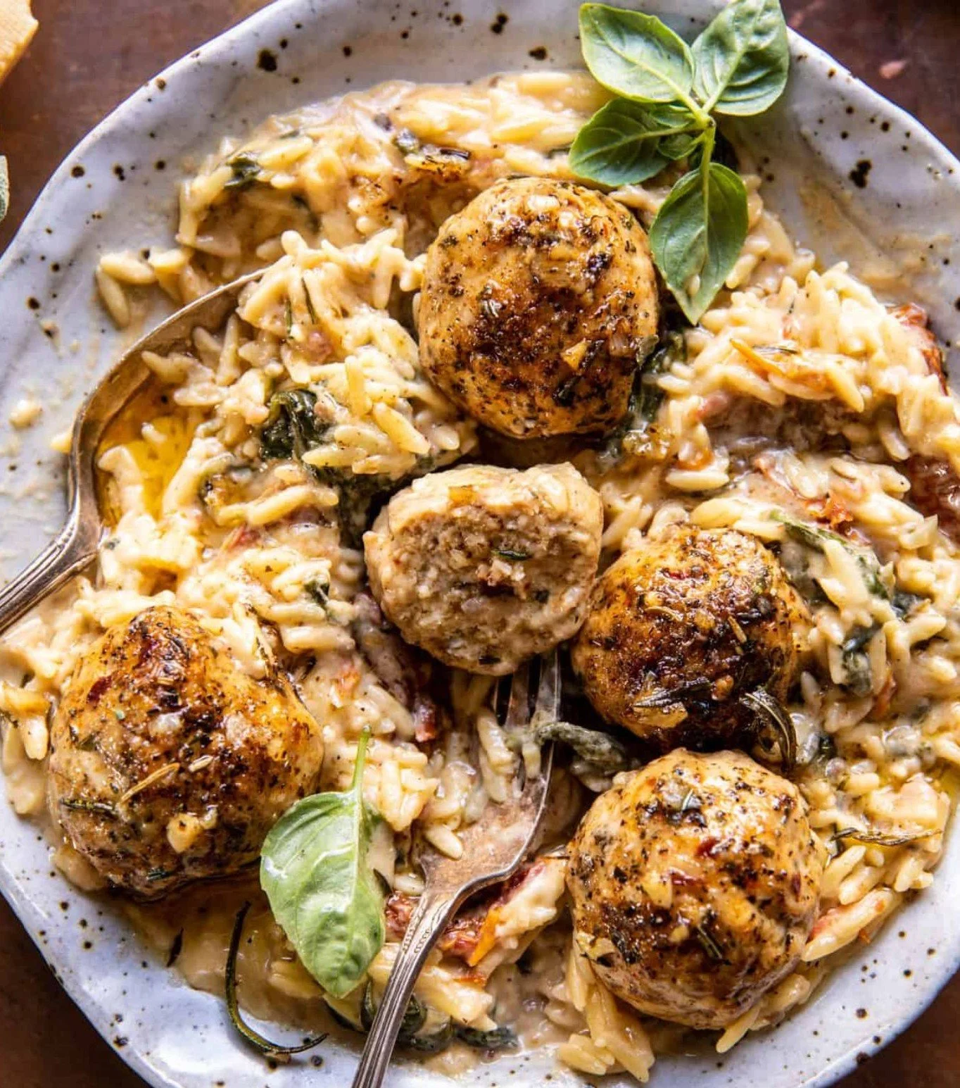 Garlic Butter Chicken Meatballs with Creamy Parm Orzo