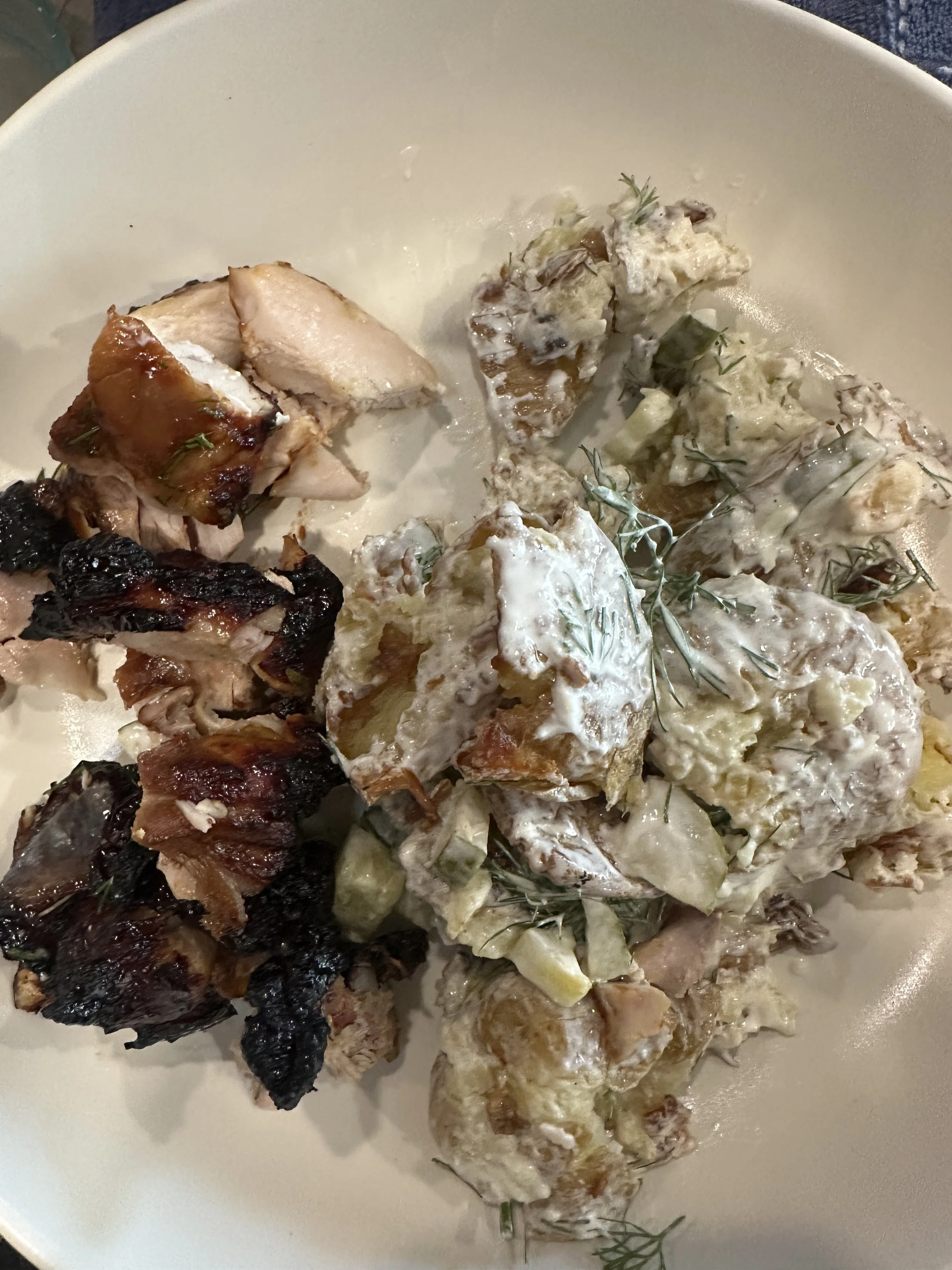 Crispy Dill Pickle Potato Salad &amp; BBQ Chicken Thighs