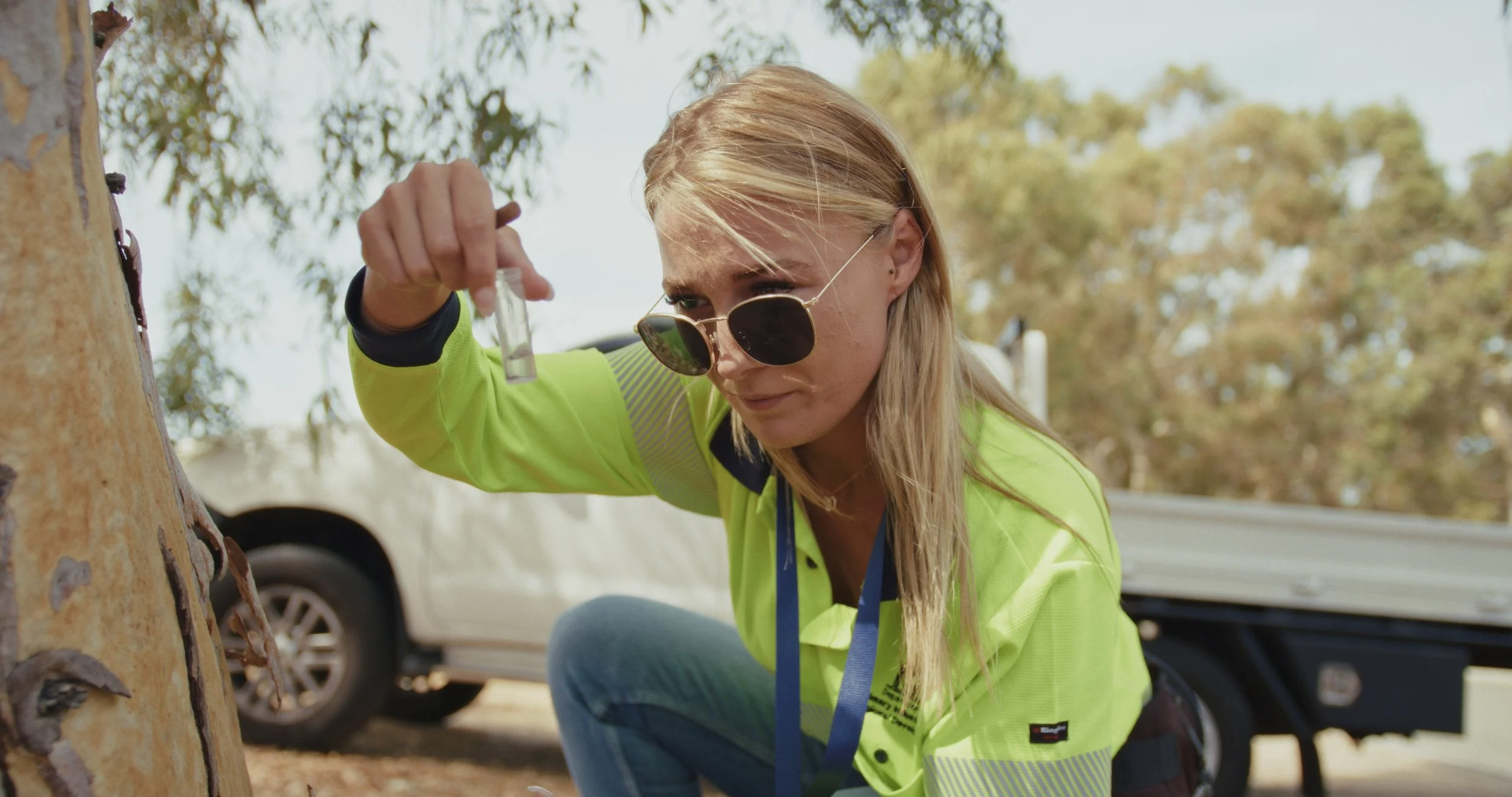 a shot from a video of a Biosecurity officer examining an ant