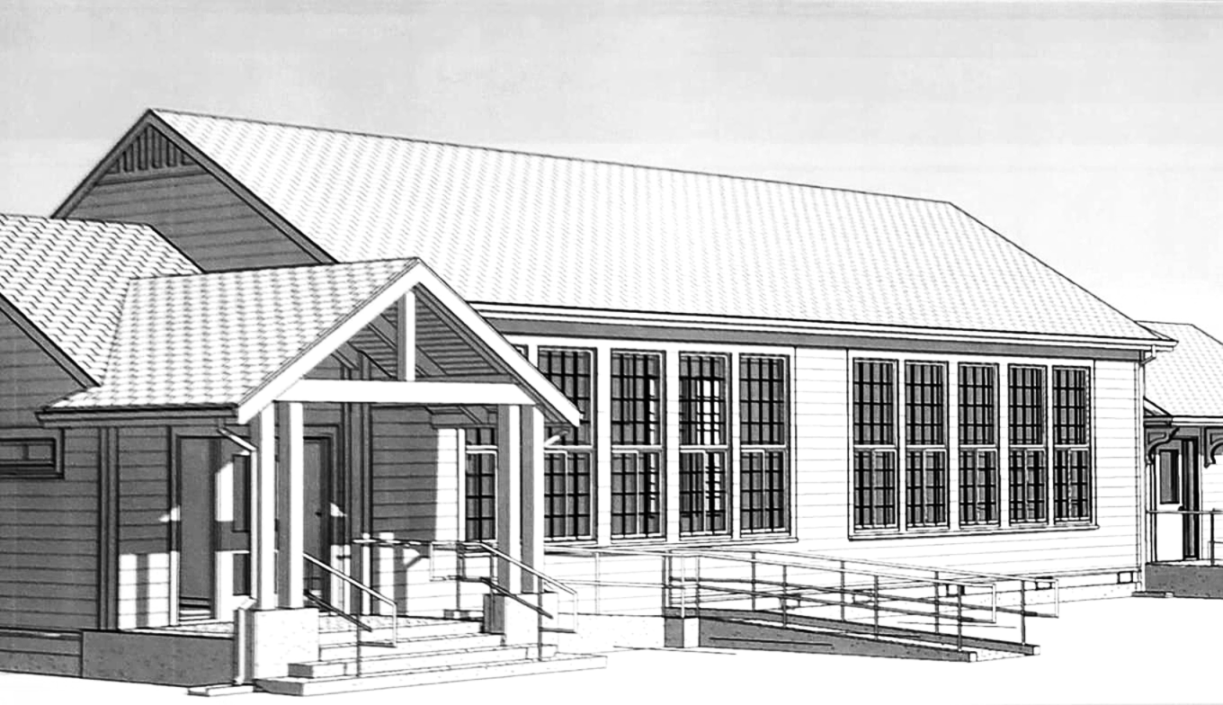 Part of an architechure drawing of the renovation of the Van Zandt Hall showing the new public entry on the north end of the building