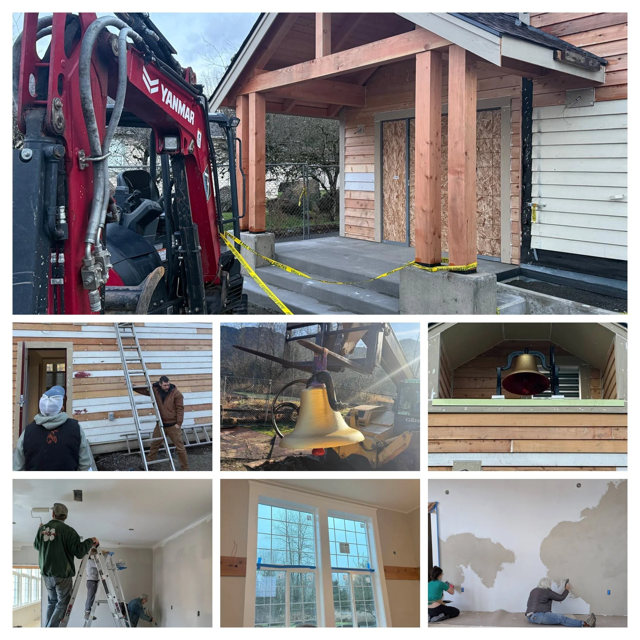 A collage of images depicting renovation moments, the new entrance, interior walls being plastered, the school bell, a window and people working