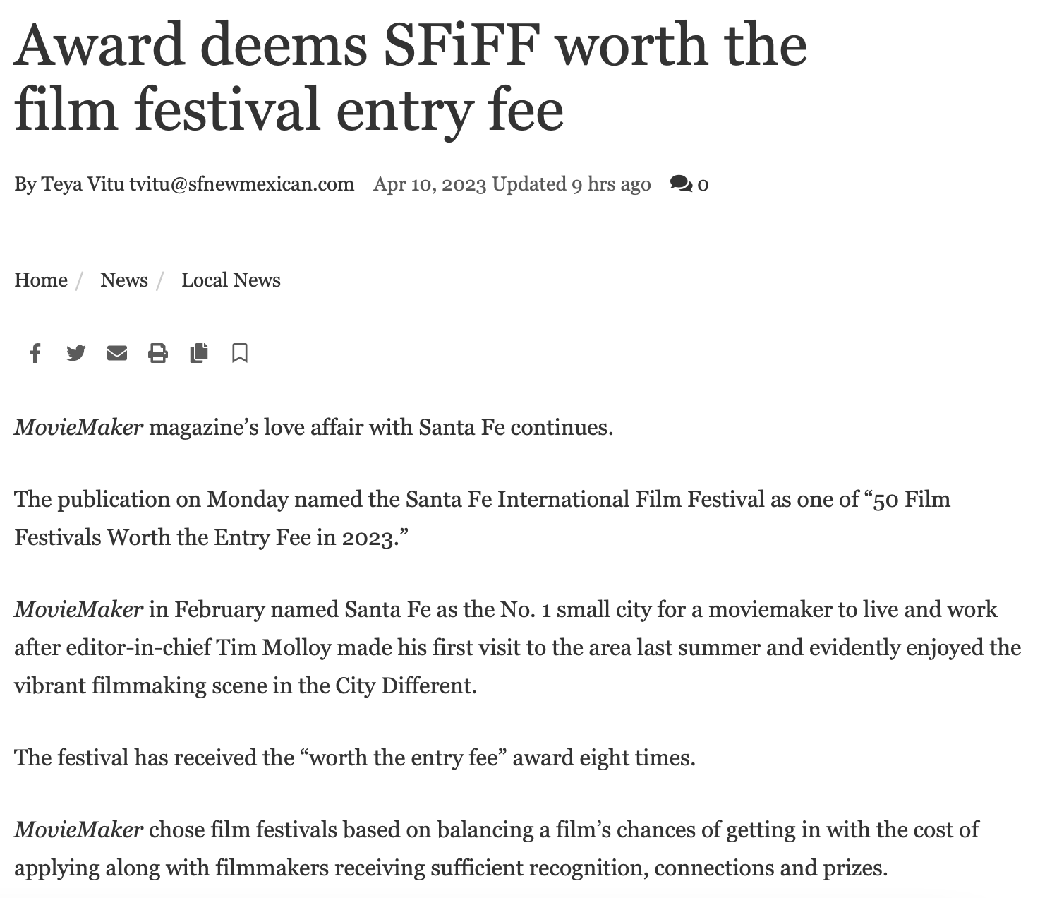 Santa Fe New Mexican - Award deems SFiFF worth the film festival entry fee
