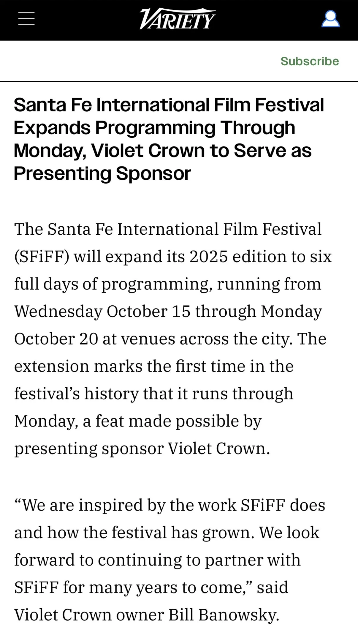 Variety - Santa Fe International Film Festival Expands Programming Through Monday, Violet Crown to Serve as Presenting Sponsor