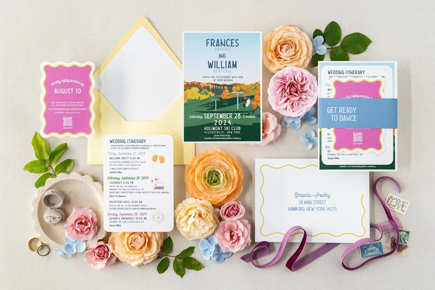 This colorful wedding suite was designed to pop against the crisp, clean backdrop of a mountaintop celebration. Playful palettes, modern lines and fresh details for a September wedding ✨⛷️💕 Swipe to see every vibrant detail! 

Planner: @evlevents 
P