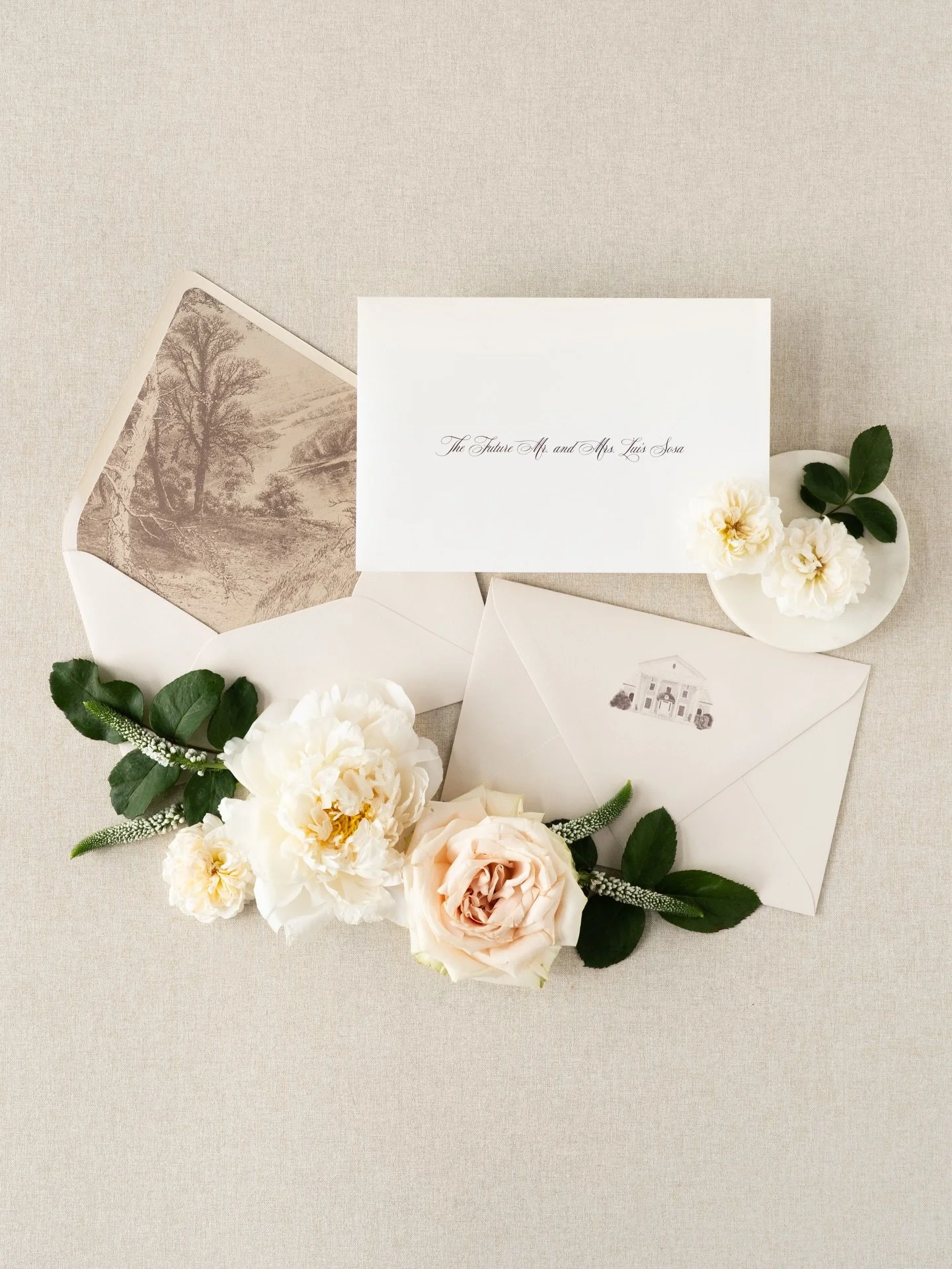Guests knew they were in for a treat for Maggie and Luis&rsquo; wedding before they even opened the envelope. 

An outer envelope addressed with elegant script in rich chocolate print held an inner envelope, printed with an illustration of their rece