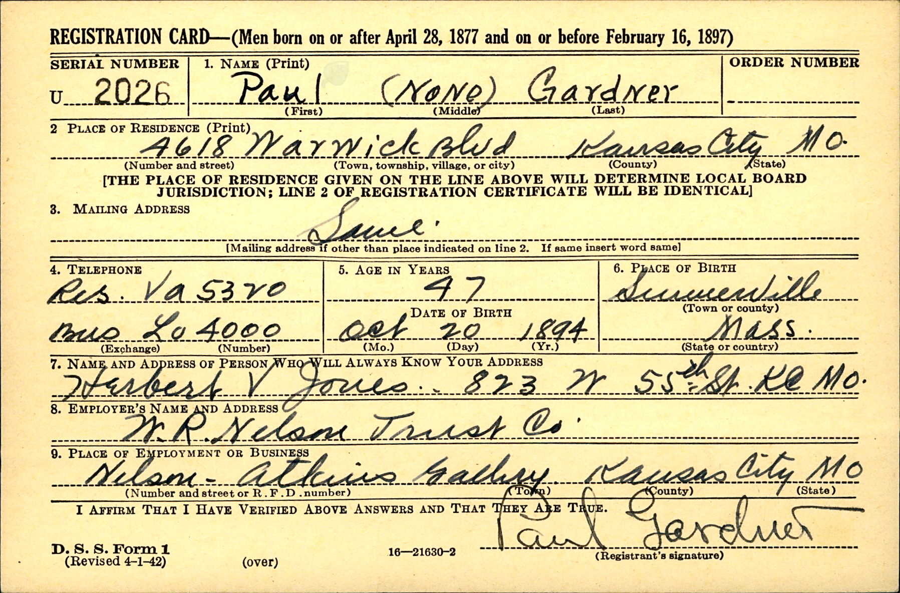 Gardner, Paul draft registration (4-25-1942 p1).jpg