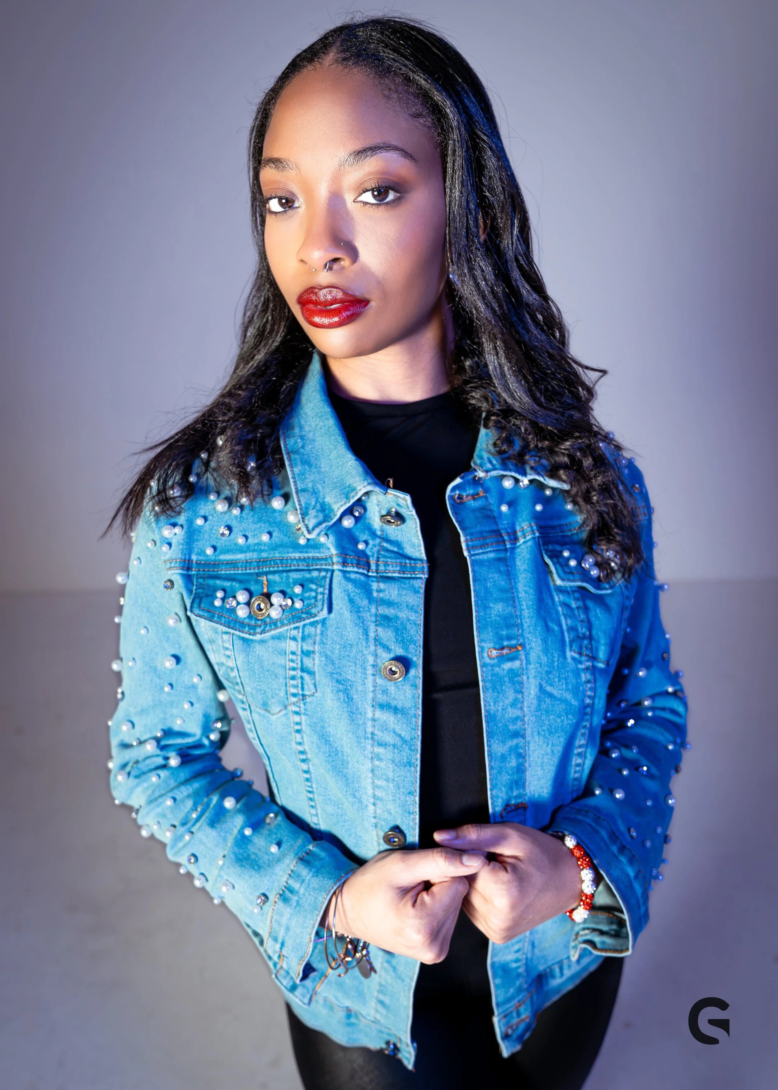 Delta Pearl Embellished Blue Denim Jacket — Greek Sol