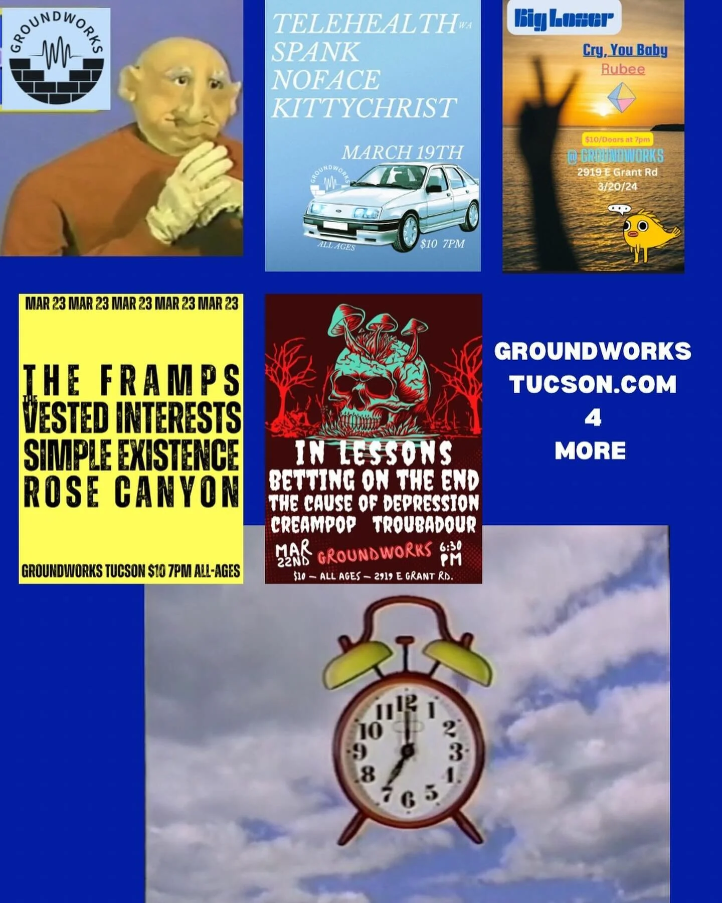 ✨🪿 HERES THE WEEK AHEAD TUCSON 🌝✨: 

3/19:
Telehealth (WA)
Spank
Noface
Kittychrist

3/20:
Big Loser (TX)
Cry You Baby
Rubee

3/22:
Betting on the End (phx)
The Cause of Depression (phx)
In Lessons
Creampop
Troubadour

[6:30pm doors]

3/23: 
Simple