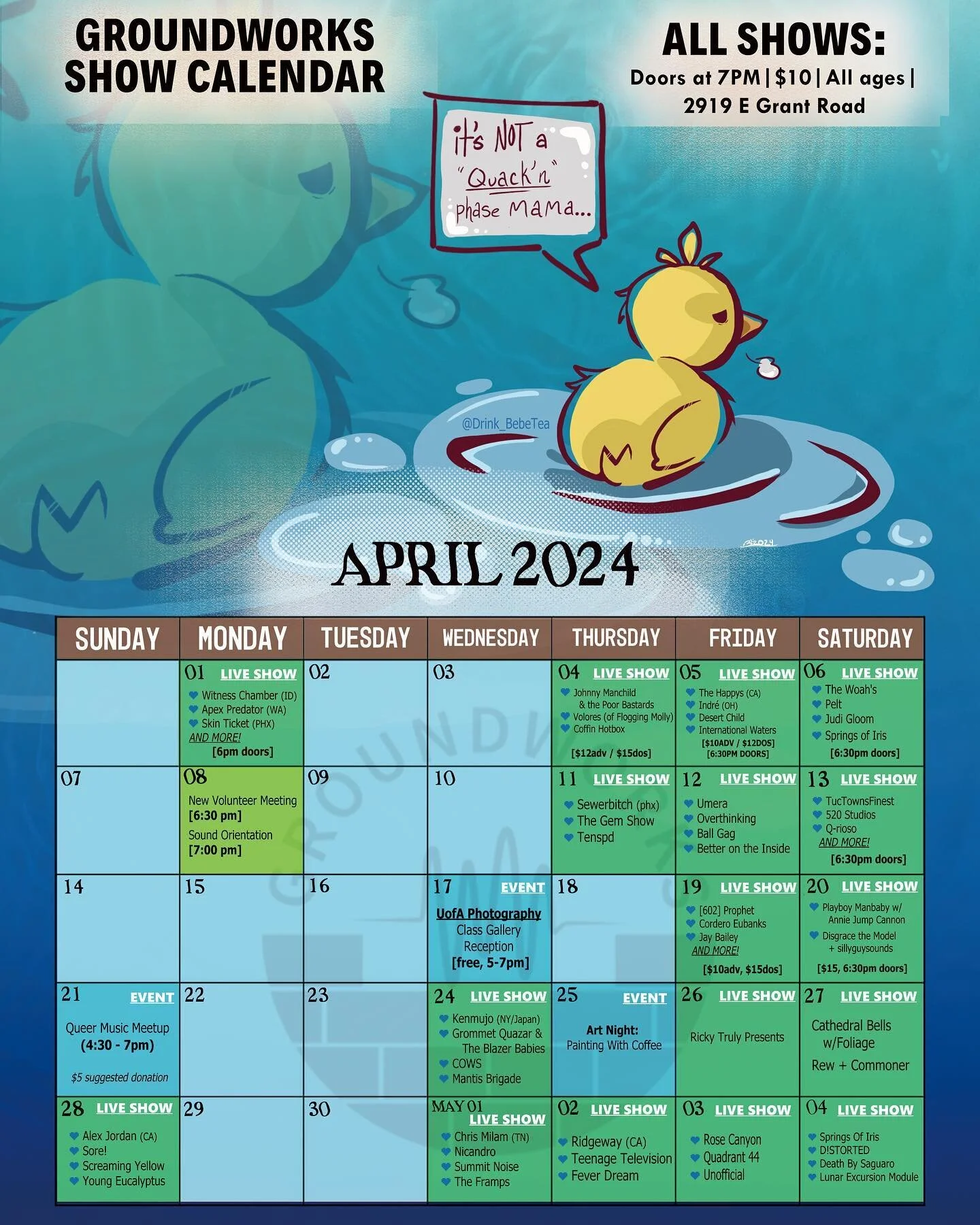🦆April! It&rsquo;s here!!

We&rsquo;ve got shows! Workshops! A gallery opening! Meetings! And more! See you soon!!!🦆