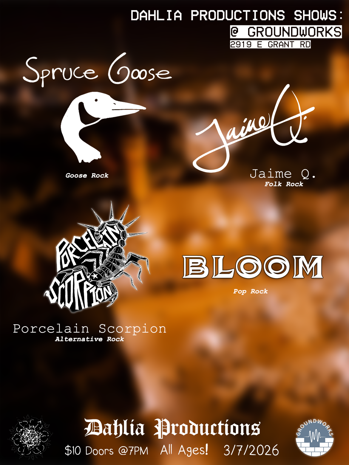 Porcelain Scorpion, Jaime Q., Spruce Goose, Bloom