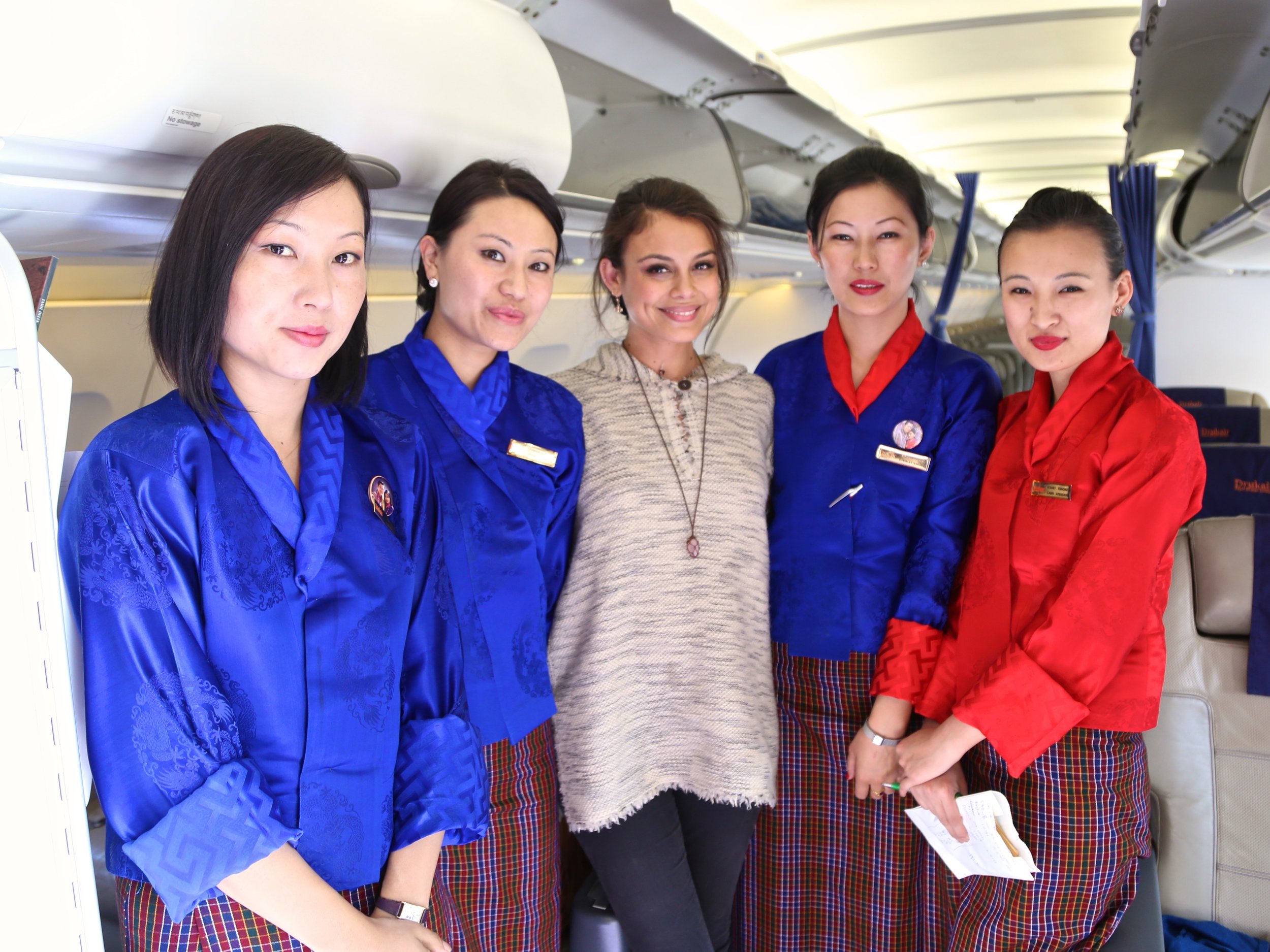 MyBhutan’s guest, actress Nathalie Kelley , with DrukAir flight attendants (PC: Rodic)