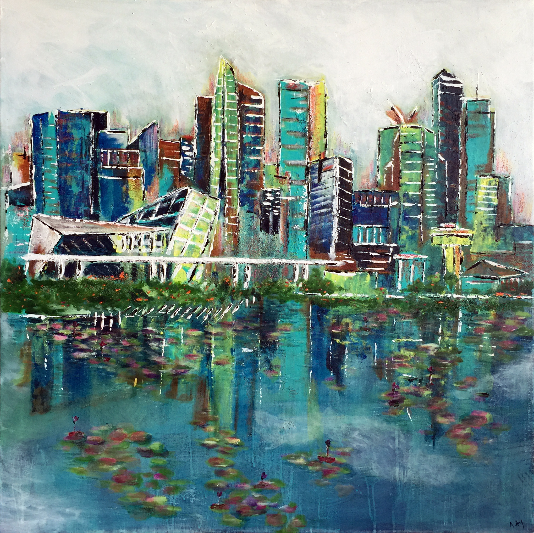 Singapore reflections (100x100) mixed media