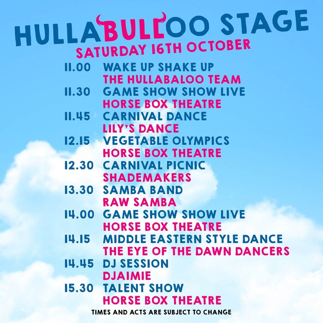 🐂 HULLABULLOO STAGE LINE-UP 🐂

Join in, watch and enjoy the entertainment on our HullaBULLoo Stage! 

Hosted by the @horseboxtheatre 🐴

#Hullabaloo #Hullabaloo22 #IWBiosphere #USAC #ShademakersUK #TheCommonSpace #IrisManifesto #arts #nature #scien