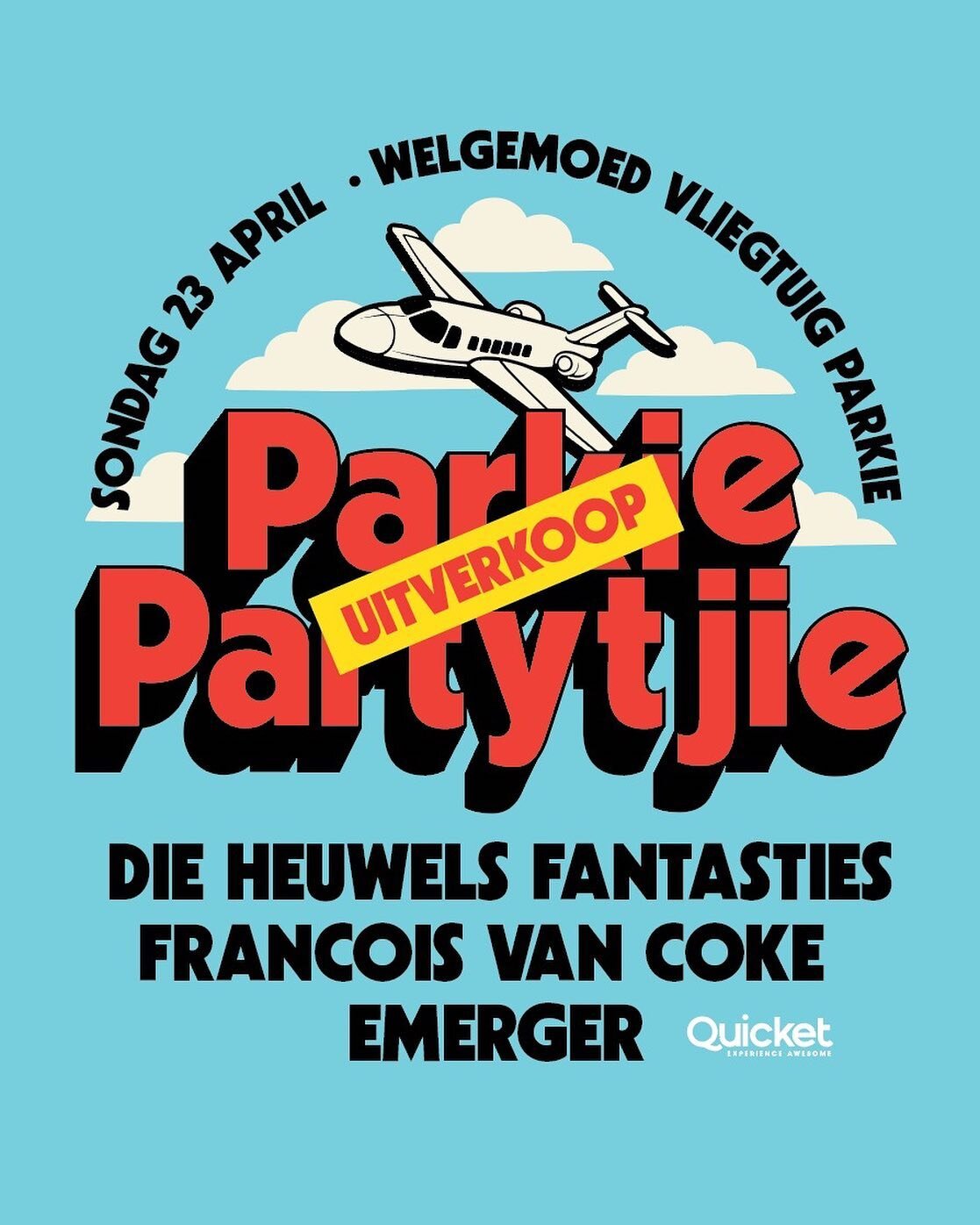 Parkie Partytjie ✈️ 🌳 🍺 🍷 
Hekke 12:00
Lineup:
14:30 - Werner van der Hoven
15:45 - Emerger
16:45- Die Heuwels Fantasties 
17:45 - Francois Van Coke
🌭 🍔 🍝 beskikbaar en vol kroeg ❤️