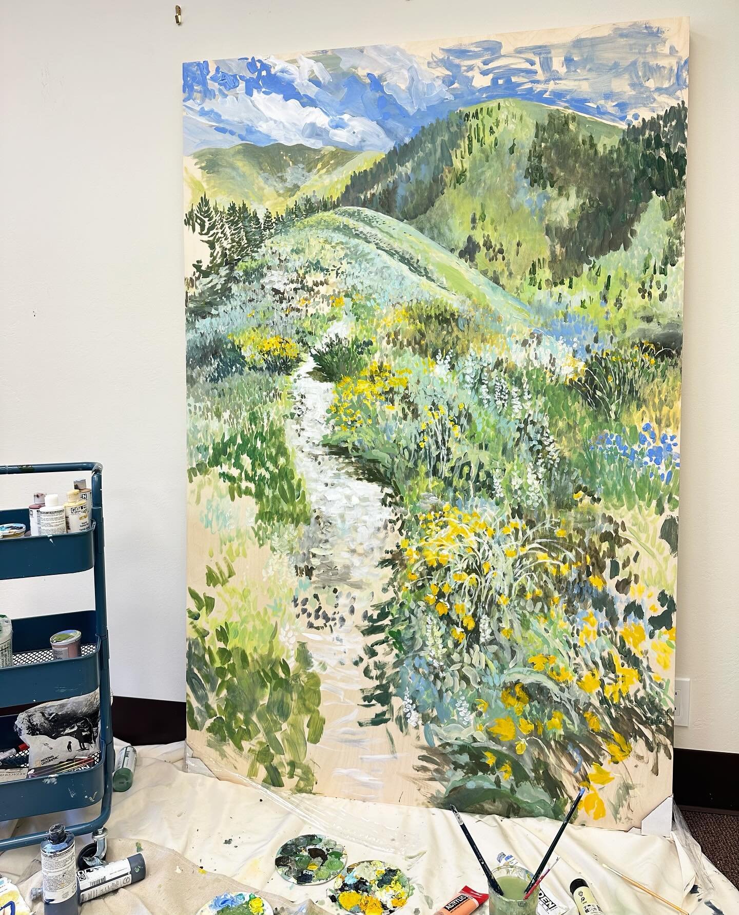 &ldquo;Spring&rdquo; oh the blankets of colors &amp; textures&hellip; we shall see you soon 💛💚🩵 

1 of 3 seasons commissions

#proctor #landscapepainting #westernpainting #landscapepainter #sunvalley #sunvalleyidaho #cubbywestart