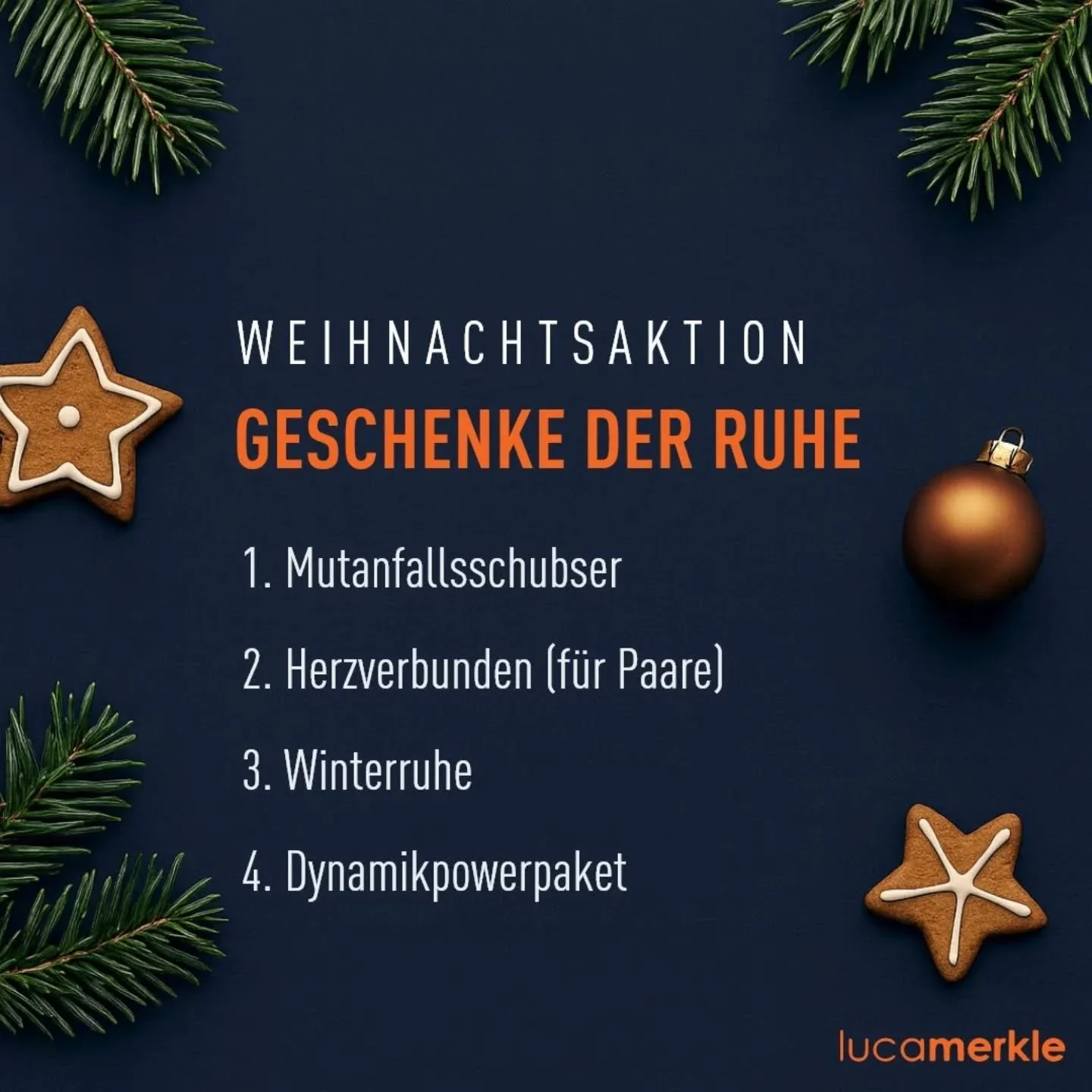 ​🎄 Weihnachtsaktion: Geschenke der Ruhe 🧘&zwj;♀️

​Suchst du nach dem perfekten Geschenk, das echte Entspannung und neue Energie schenkt? Dann ist unsere Weihnachtsaktion genau das Richtige! ✨
​Wir haben vier besondere Pakete geschn&uuml;rt, die da