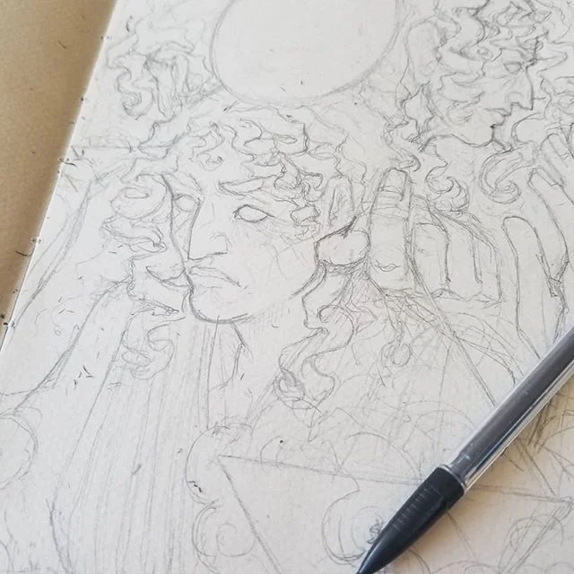 Quick while I have signal! Post a WIP for something I'm drawing. Very much inspired by depictions of Hecate.

#art #drawing #sketch #wip #sequentialart #characterart #illustration #characterdesign #queerartist #mythology #myth
#greekmythology #pencil
