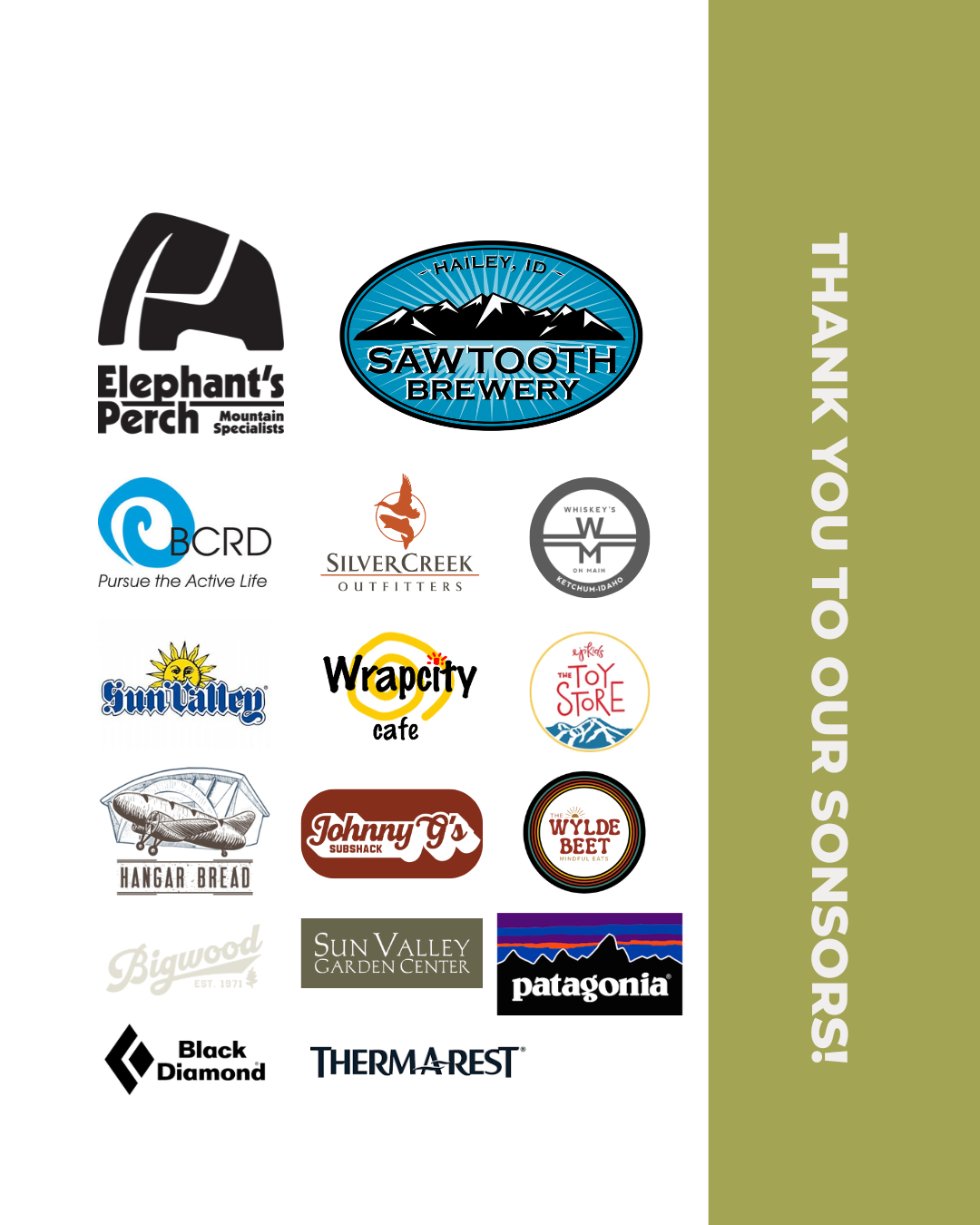 Sawtooth Brewery, The Elephants Perch, The Sun Valley Company, The BCRD, Wylde Beet, Silver Creek Outfitters, EJ Home, Whiskey's on Main, Johnny G's, WrapCity, Big Wood Golf Course, Hangar Bread, .png