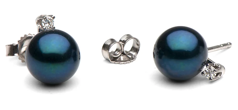 Akoya Single Diamond Black Pearl Earrings 7.5-8mm Discounted Pearls.jpg