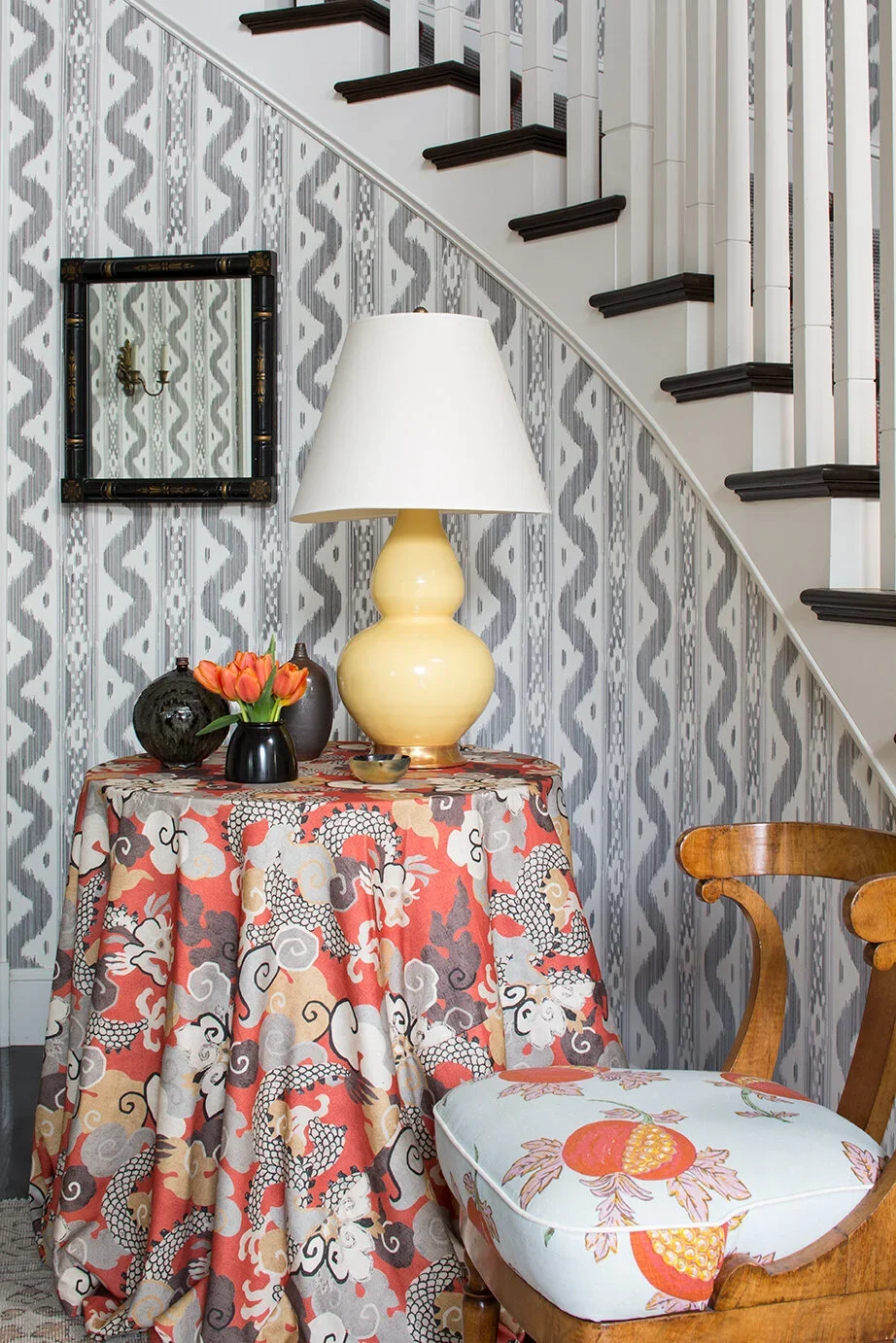 Tribal-Black-White-Wallpaper-Staircase-Entry-Perfitt-Richards-Interior-Design.webp
