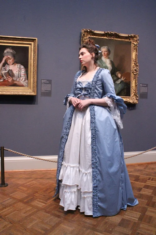18th Century Robe  la Franaise: Blue polished cotton 1770's Sacque Back  gown & petticoat  Emma Collins