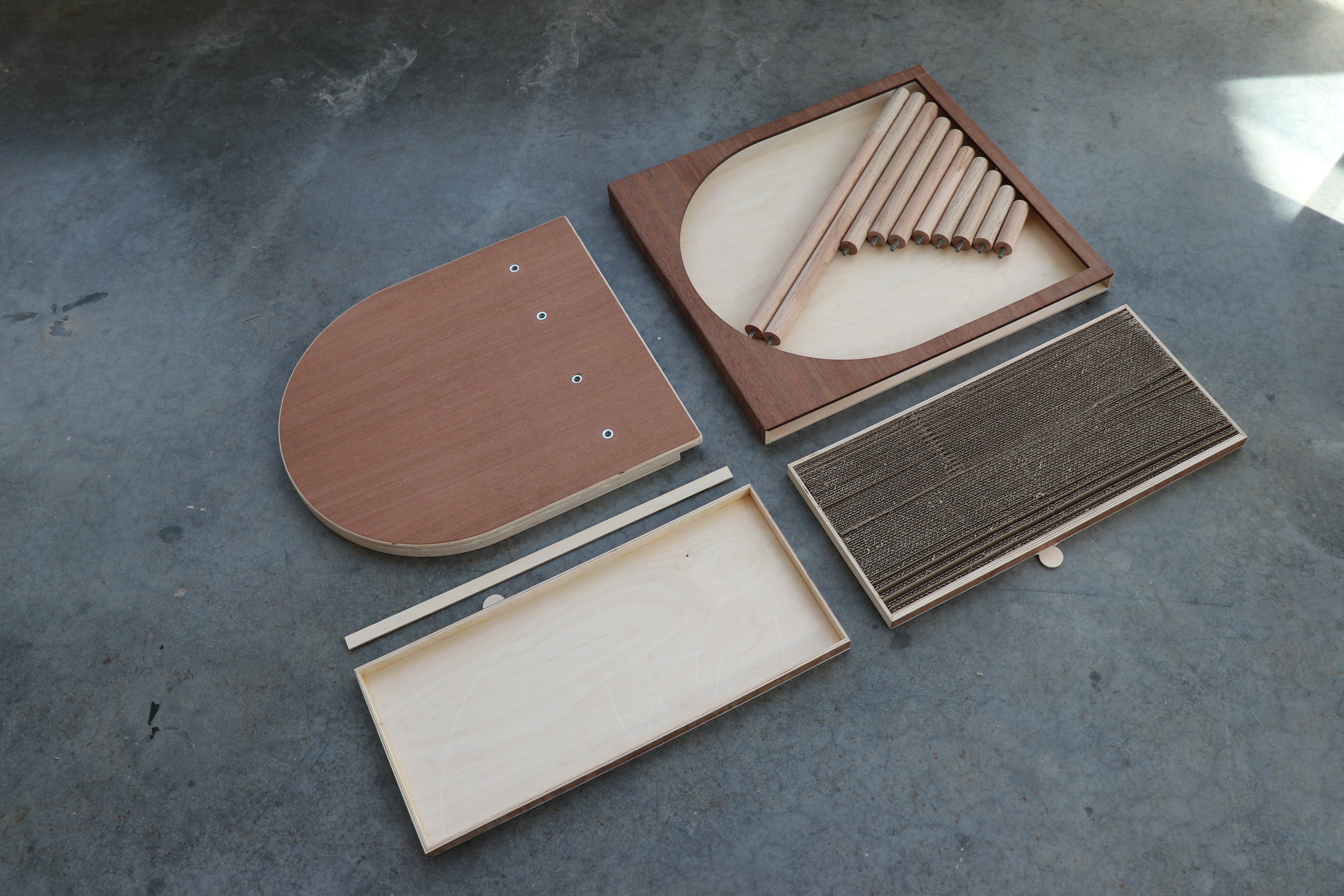  The whole structure can be easily disassembled to flat packed, with strong sustainability focus and achieve the functionality, durability and aesthetics at the same time.     Product consists of:   Front Panel x 1, Leg Panel x1,   Scratch Drawers x2