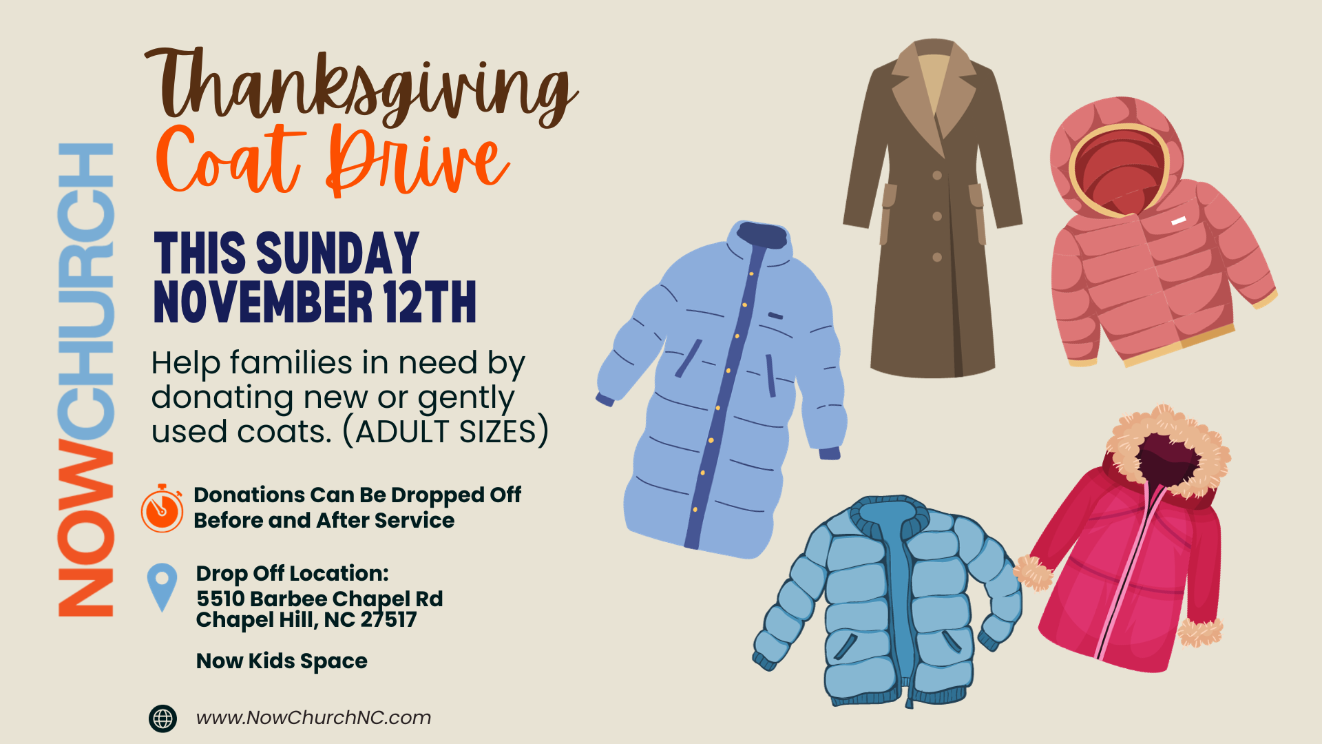 Thanksgiving Coat Drive November 12th — Now Church NC