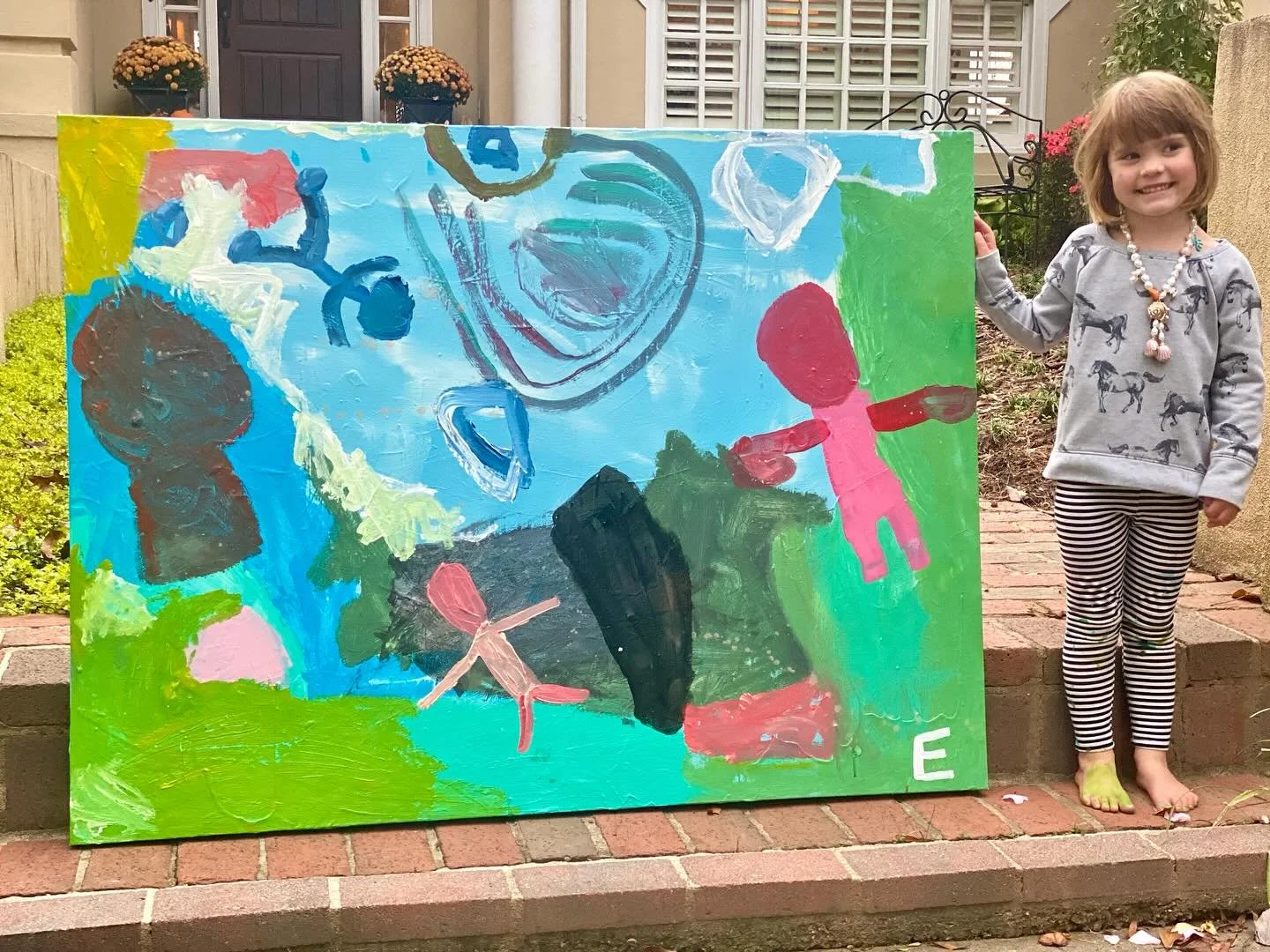 Our four-year old &ldquo;E&rdquo; living her best life. She loves abstract art, horses, and having fun with her twin brother. This is her largest canvas yet 🎨 36x48. Reminded me a little of the famous abstract artist Jean- Michel Basquiat, but not q