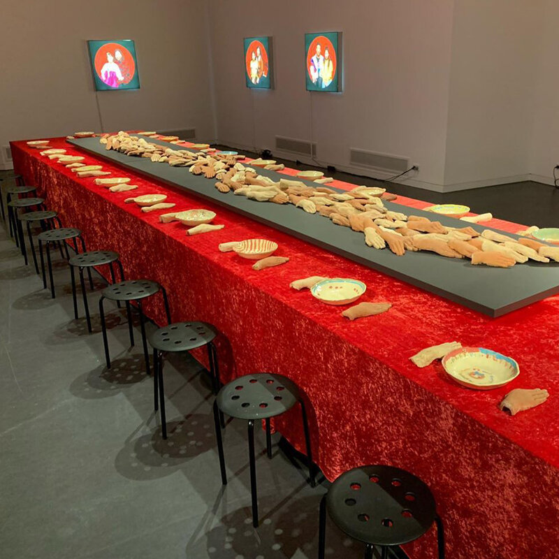  Installation view of  Far Flung: Connecting Intergenerational Families  The 'Social-Artists-in-Residence' Team: Tammy Wong Hulbert, Sofi Basseghi (RMIT PhD Candidate &amp; Lecturer), Ai Yamamoto, Katayoun Javan, Amy Kennedy (Current Masters of Arts 