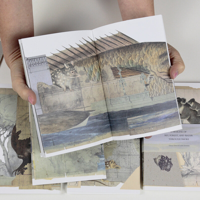  Gracia Haby &amp; Louise Jennison  A Hemline of Sky Through Smoke   A Hemline of Forest Through Smoke  and  A Hemline of Water Through Smoke  2020 Unopened artists’ books, 12 double-sided Indigo Digital CMYK pages with perforated fore-edge and 8 dou