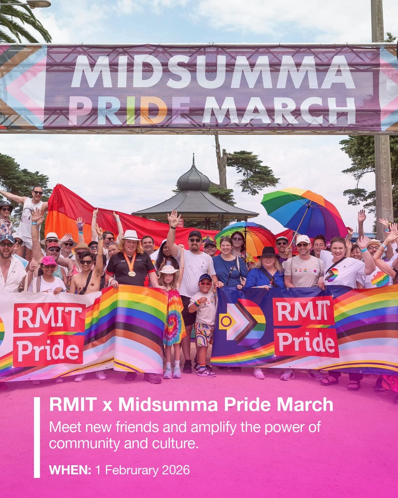 RMIT x Midsumma Pride March registrations are live!

LGBTIQA+ students, staff, alumni and allies are invited to march together at 2026 Midsumma Pride March on Sunday February 1.

Whether it&rsquo;s your first march or you&rsquo;ve been going since it