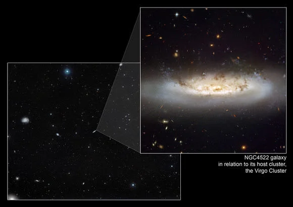 Image: Impact of ram pressure stripping on NGC4522. This image shows NGC 4522 within the Virgo Cluster and the impact of ram pressure stripping in that environment. Credit: NASA, ESA and the Digitized Sky Survey 2. Acknowledgment: Davide De Martin (ESA/Hubble)