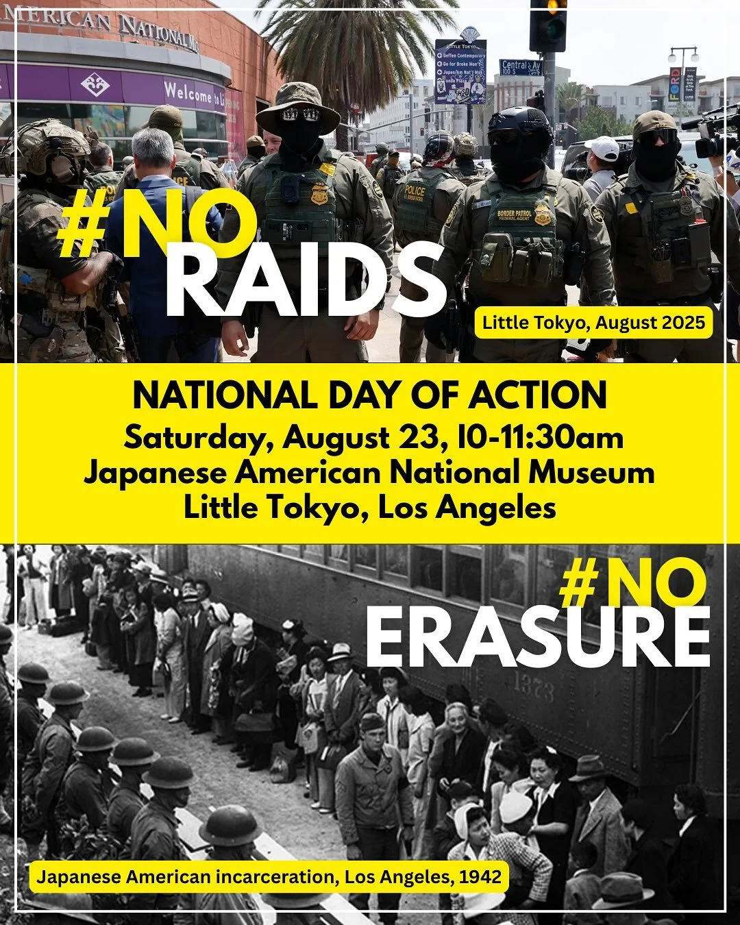 🗣️THIS SATURDAY

👉🏻 Saturday, August 23rd will be a National Day of Action! Join us, and many of our partners, to defend the truth of WWII Japanese American incarceration history. 

📍Japanese American National Museum Plaza (100 N. Central Ave. Lo