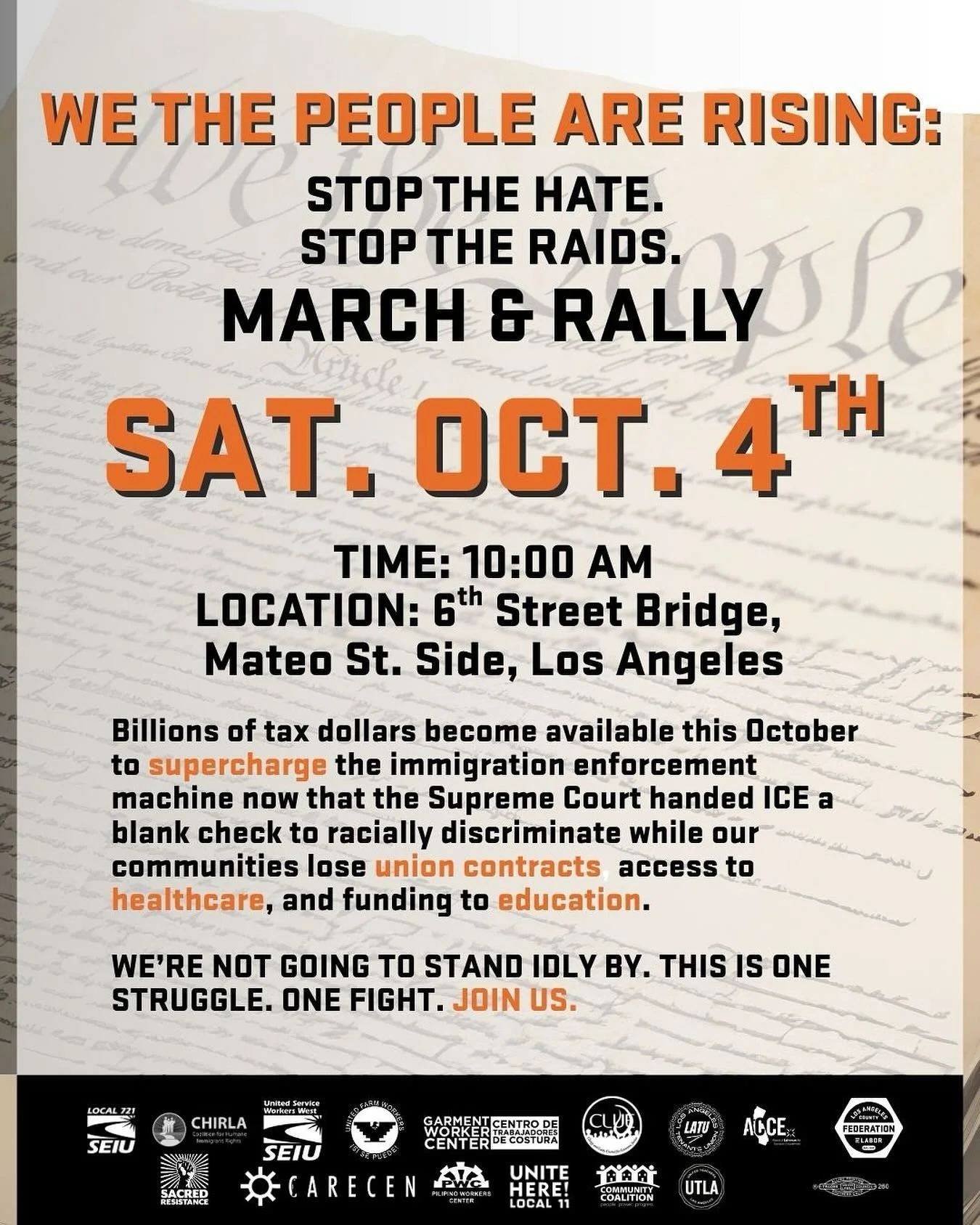 Stop the hate. Stop the raids.

Join us THIS SATURDAY for the march and rally! 🗣️

🔹 Saturday, October 4th, 2025
🔹 10AM
🔹 6th Street Bridge, Mateo St. side, Los Angeles

SEE YOU THERE ‼️