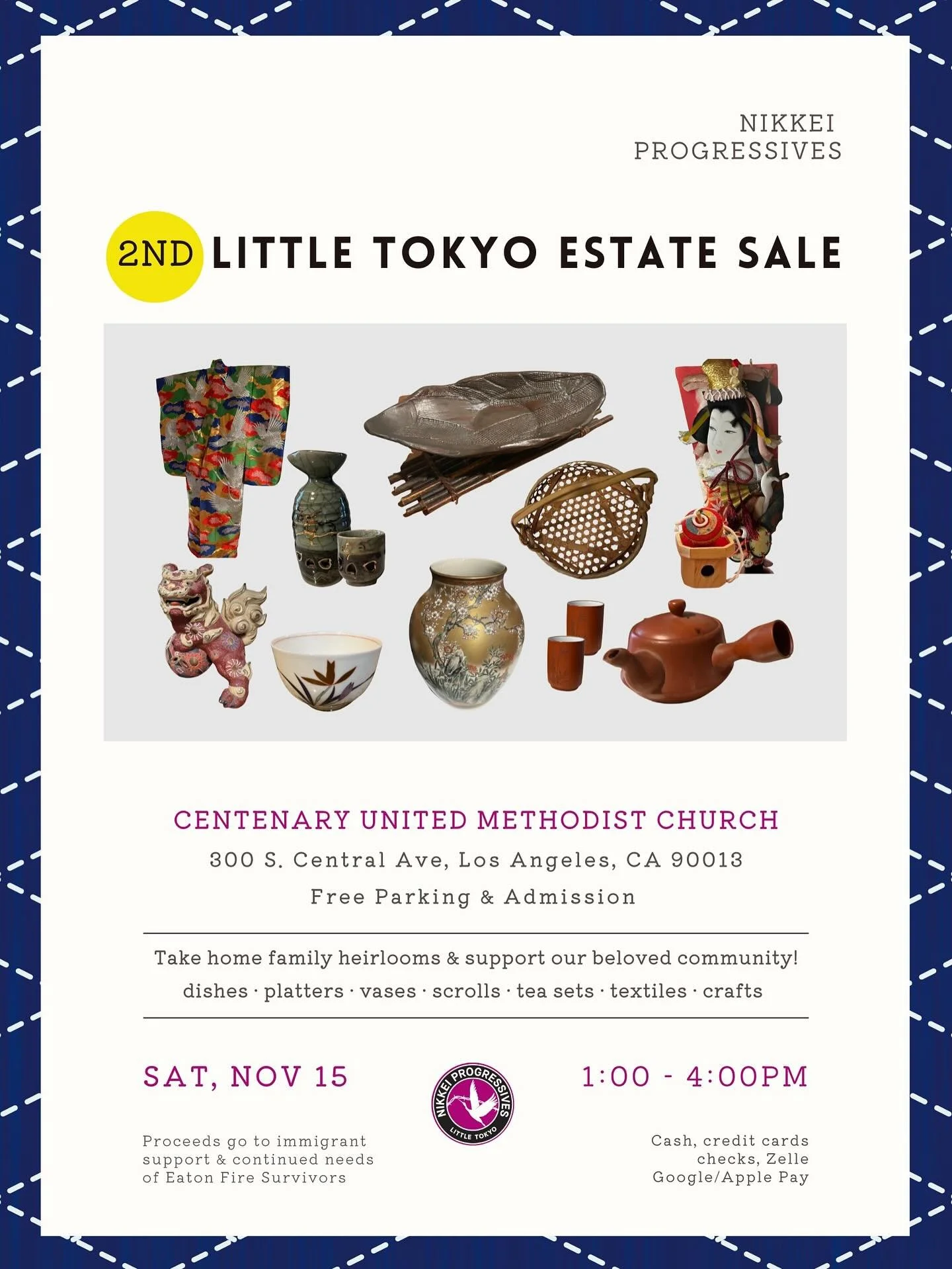 Join us for our 2nd Little Tokyo Estate Sale on 📆  Saturday, November 15, from 1 - 4PM. 📍Centenary United Methodist Church, 300 S Central Ave, Los Angeles, CA. 

Free parking and admission. NP members and our friends have donated a vast array of st