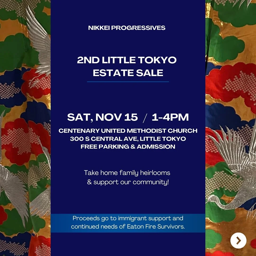Don't miss out! Join us for our 2nd Little Tokyo Estate Sale on 🗓️ Saturday, November 15, from 1 - 4PM.📍Centenary United Methodist Church, 300 S Central Ave, Los Angeles, CA. 

Free parking and admission. NP members and our friends have donated a v