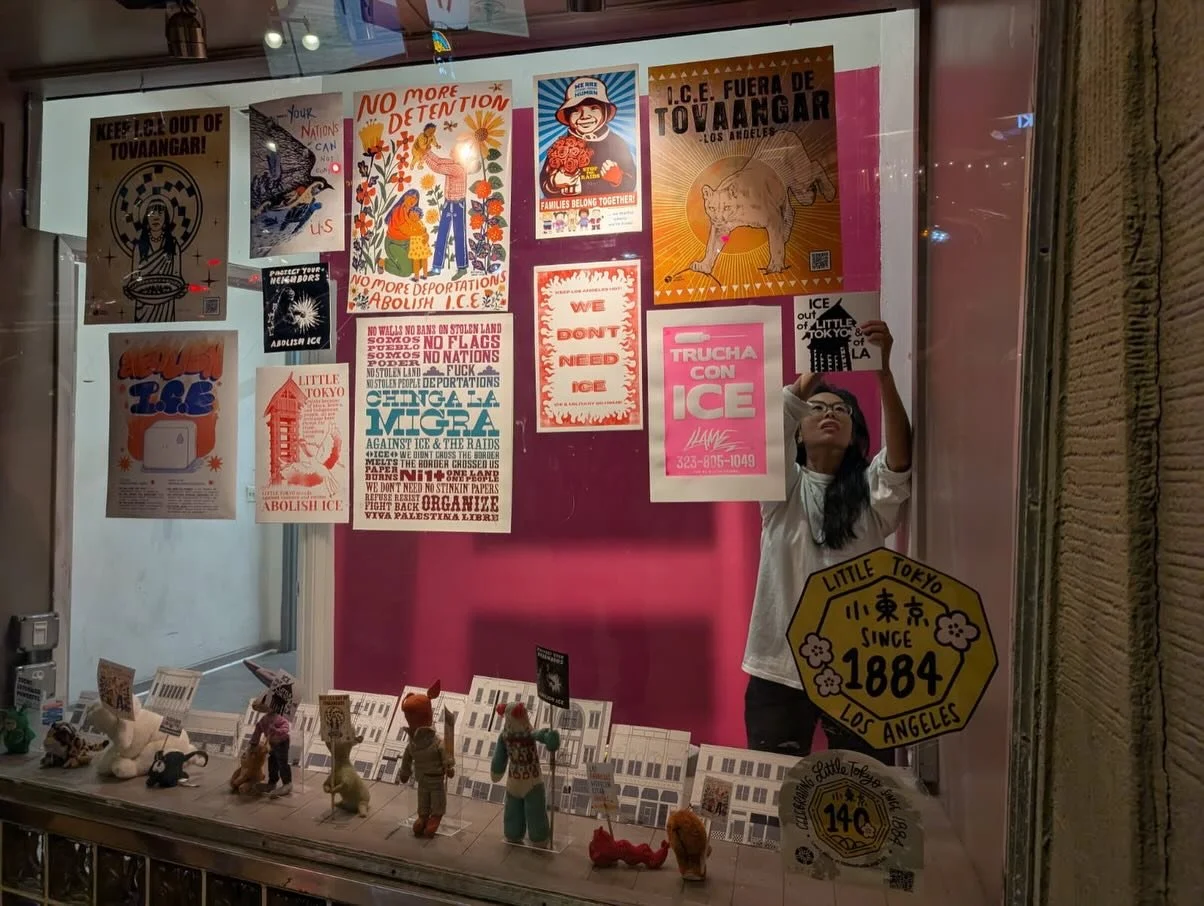 We started installing a new window display at Far East Lounge. Two blocks from the federal building where 🧊 stages downtown, we want to send a clear message that Little Tokyo opposes the 🧊 abductions and murders happening throughout LA (Tovaangar),