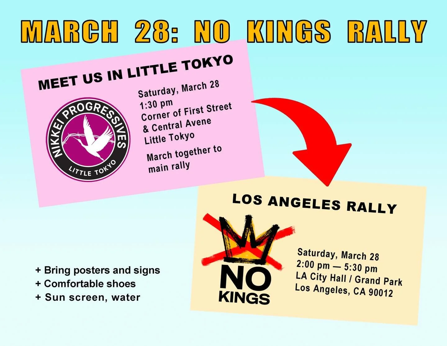 Come march with us for the No Kings rally at City Hall on 3/28!

We&rsquo;ll meet at 1:30pm on JANM plaza (corner of 1st St and Central Ave) and walk to City Hall together. Bring signs, water, comfortable shoes, and sunscreen. 

See you there!