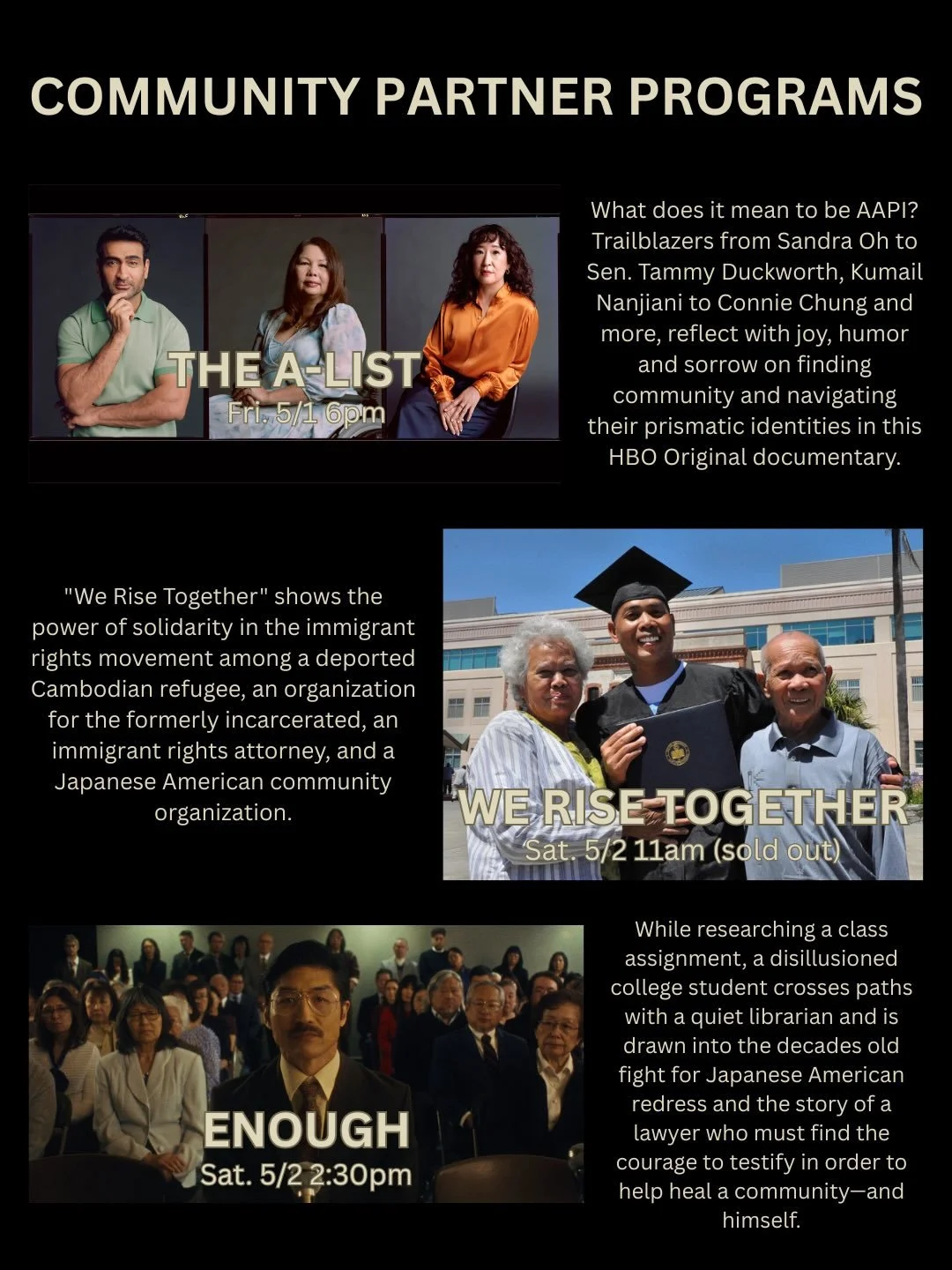 We are thrilled to partner with @vcmediaorg for three screenings at this year&rsquo;s LA Asian Pacific Film Festival! 

🎬 THE A-LIST - Friday, 5/1 6pm at the Landmark Theatres Sunset 

🎬 TALES FROM THE NEIGHBORHOOD shorts block, including WE RISE T