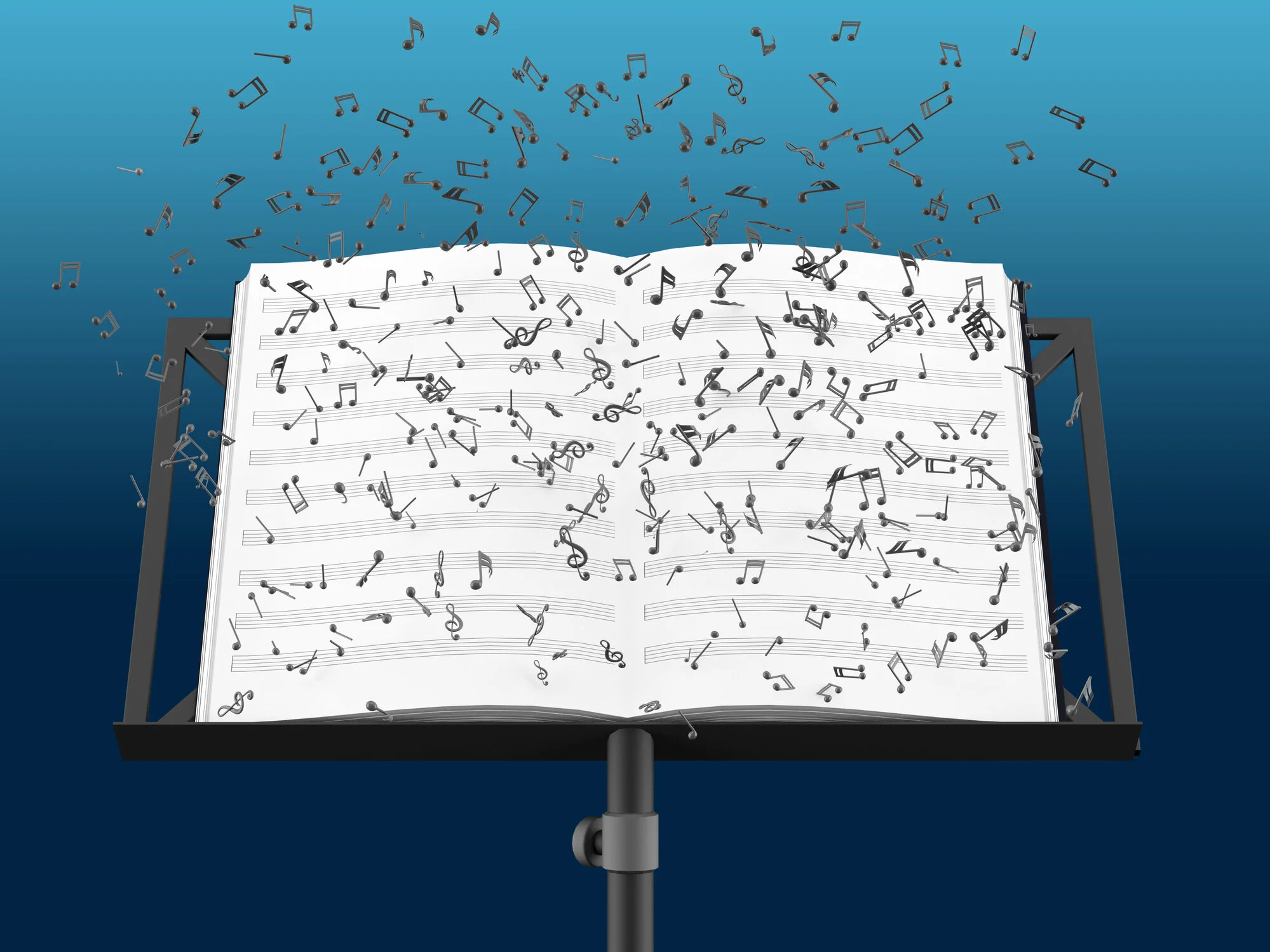 Random musical notes falling onto a sheet music book