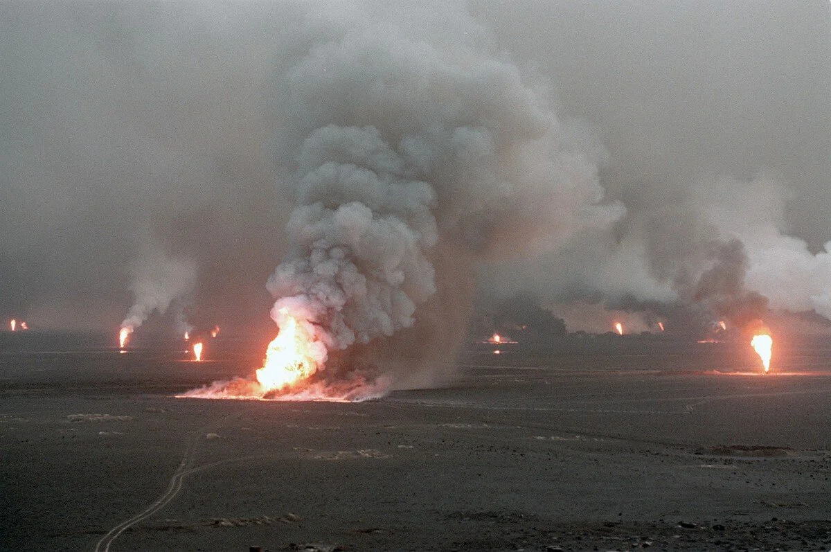 Several blown-out wells damaged by retreating Iraqi soldiers in Al-Ahmadi oil-field burn on April 1, 1991, in southern Kuwait. Iraqi troops retreating after a seven-month occupation, smashed and torched 727 wells, badly polluting the atmosphere and …