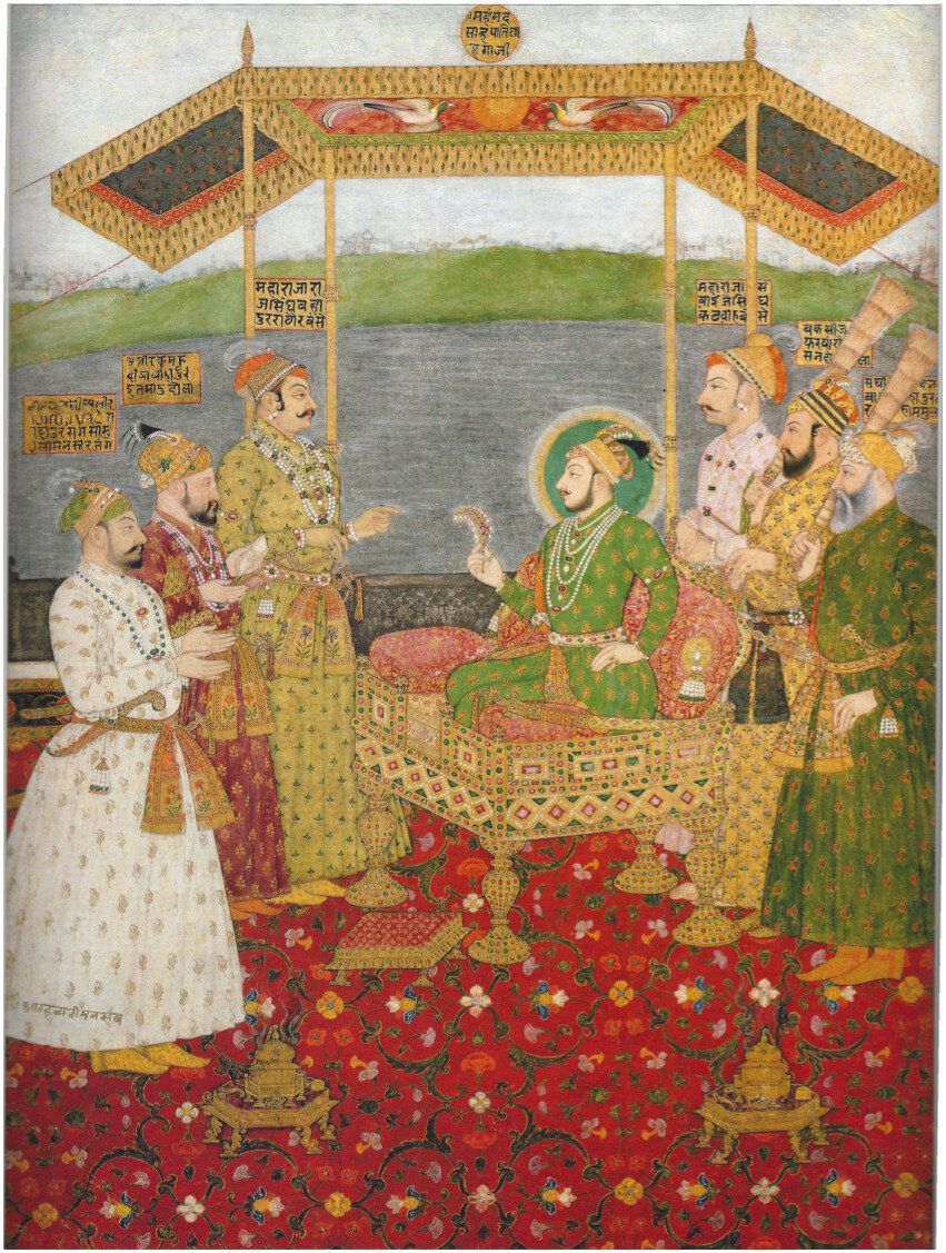 Emperor Muḥammad Shāh with Courtiers and Rāj Singh of Kishangarh (attr. Dalcand) India, Rajasthan, Kishangarh, circa 1724..jpg