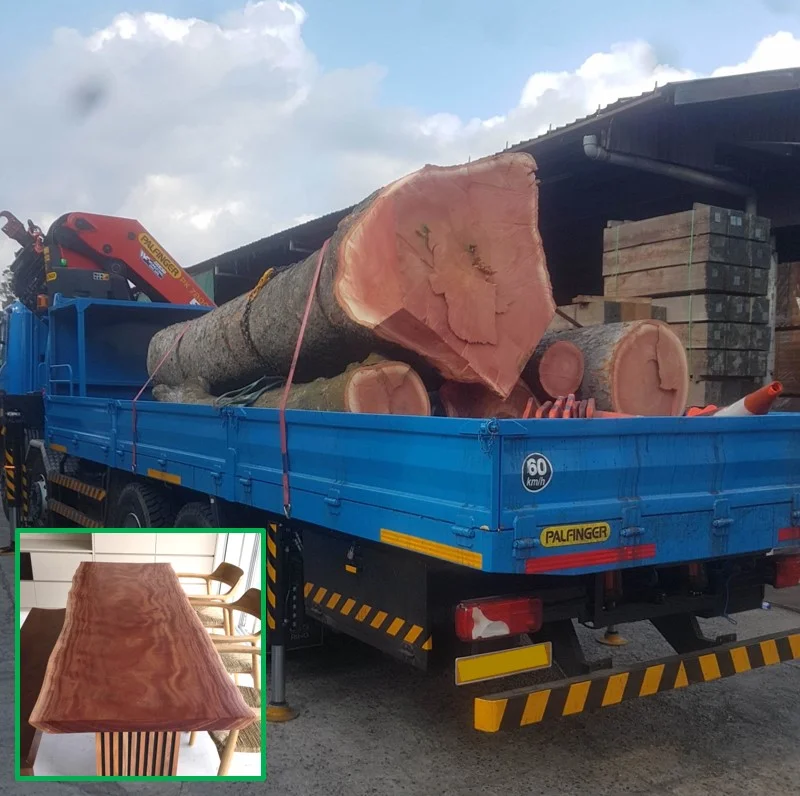 WORLD’S FINEST (but not imported…local transport only): AAA-grade African Mahogany cut to widen the Pan Island Expressway , now having a second life as our exquisite Solid Slab Dining Tables