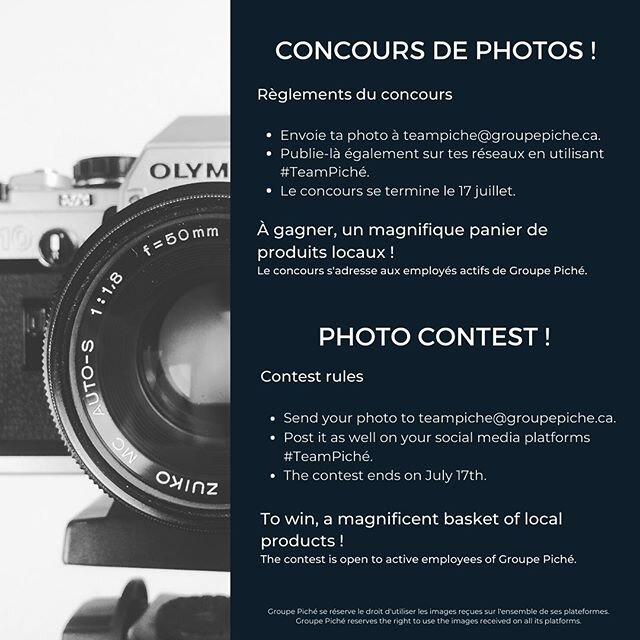 CONCOURS! / CONTEST!

Groupe Pich&eacute; lance son premier concours de photos s'adressant &agrave; l'ensemble de ses employ&eacute;s ! On veut voir des photos de votre chantier, de vous en action, de votre gang. Soyez originaux ! On vous invite &agr