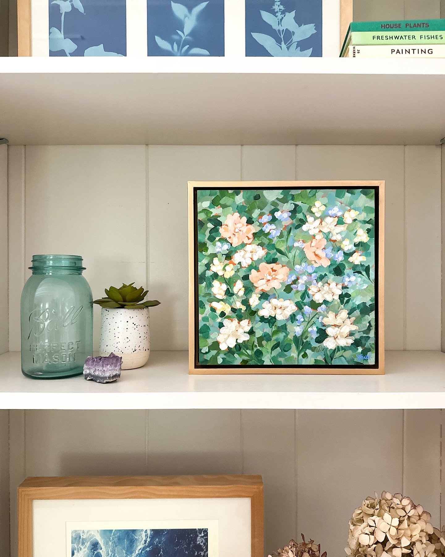 Late Summer brings softness to the garden, the sun hangs just ever so slightly lower in the sky, casting a warm glow on the remaining blossoms. 

Dahlias flourish, golden rod bursts and asters draw the bees to their copious blooms. This mixed media p